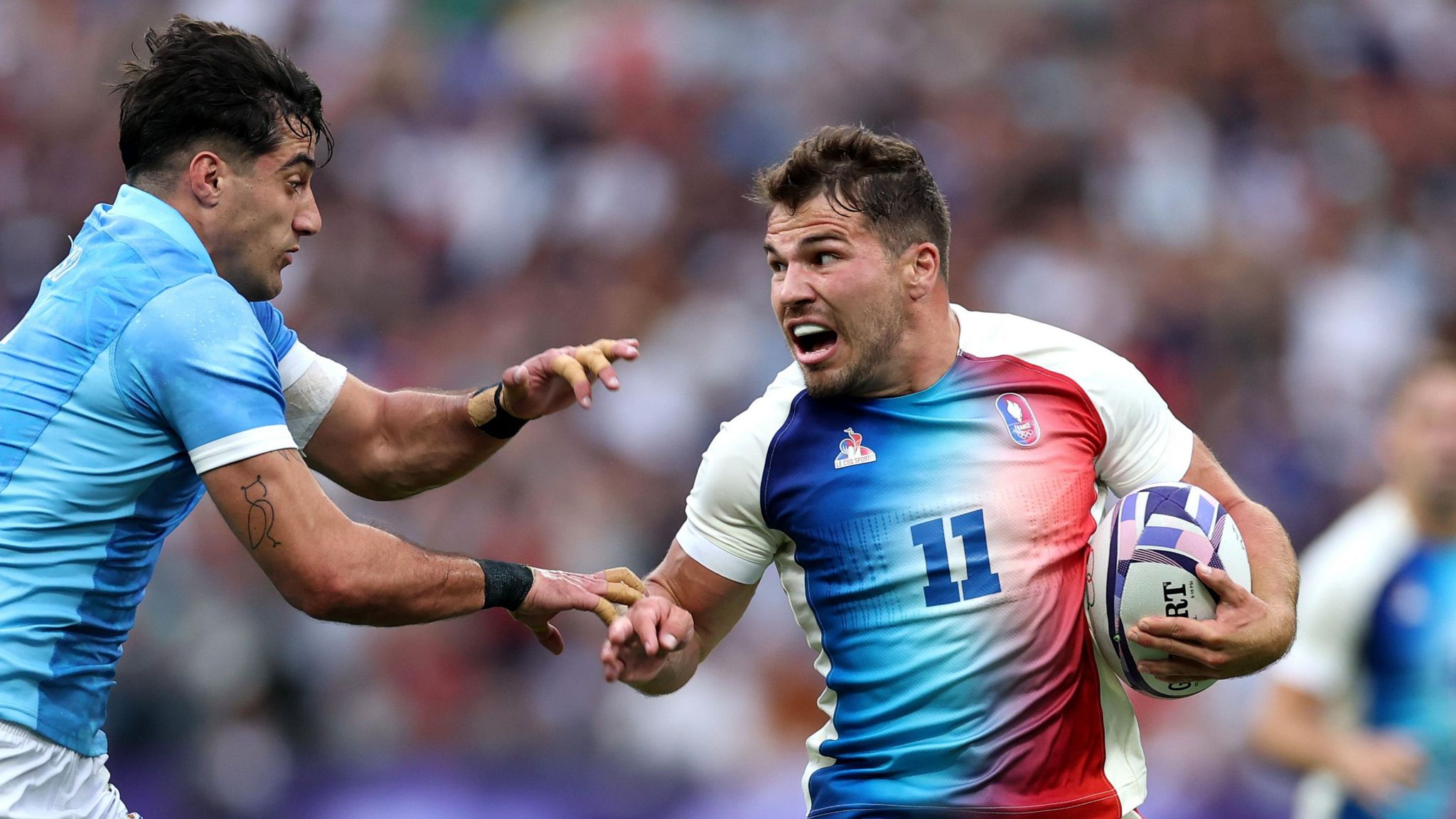 Antoine Dupont scores for France against Uruguay at the 2024 Olympic Games