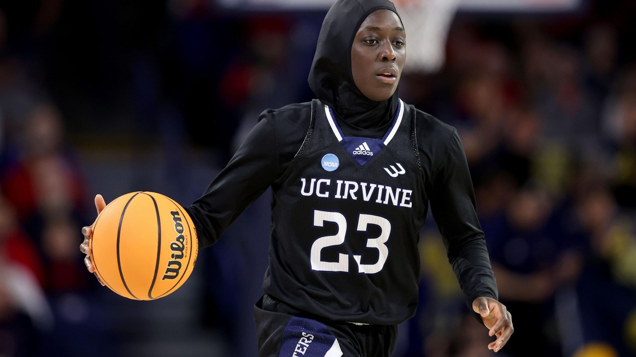 Basketball player Diaba Konate in UC Irvine kit and wearing a hijab