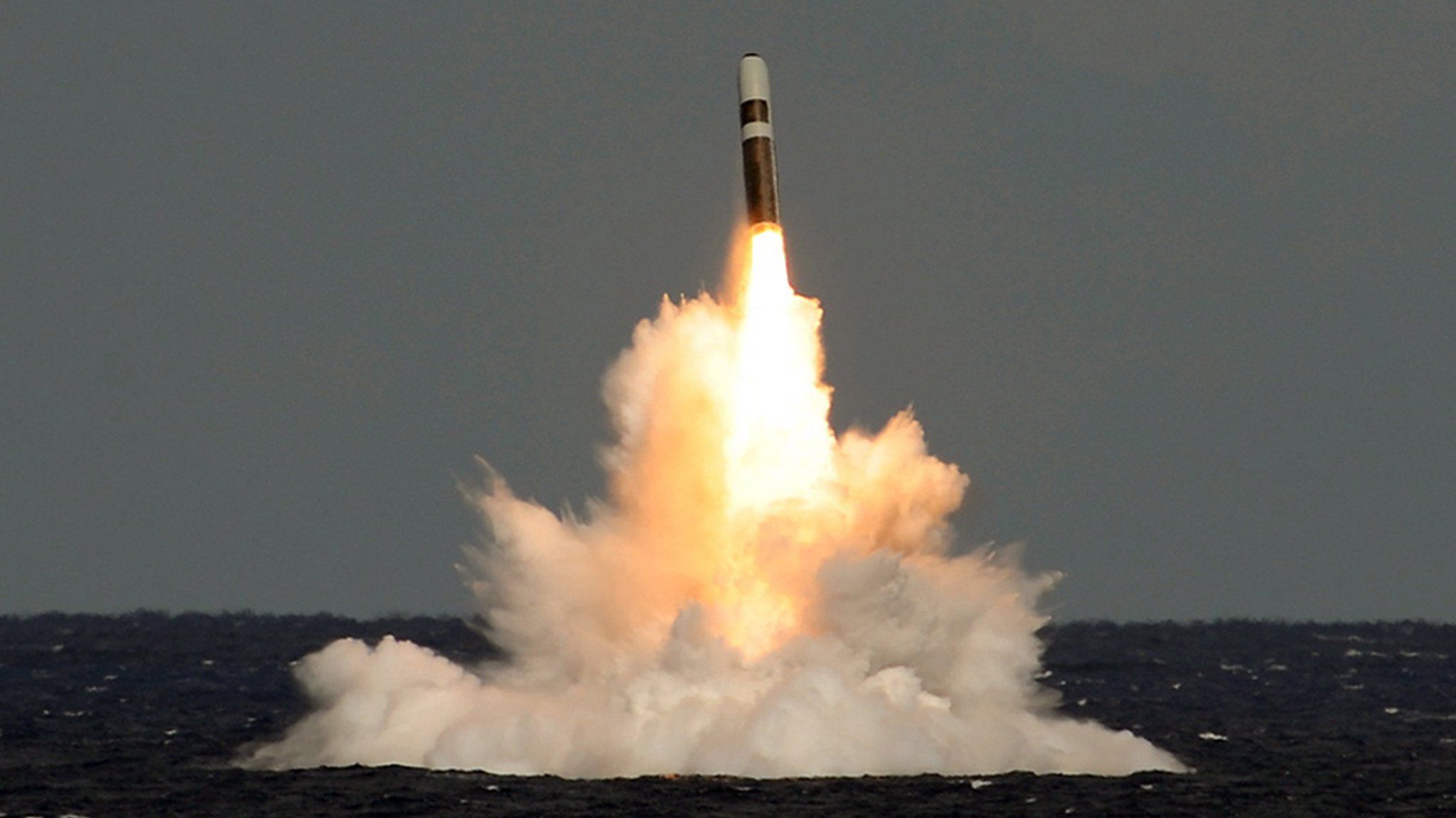 Unarmed Trident II (D5) ballistic missile fired by HMS Vigilant during a test launch in the Atlantic Ocean in October 2012