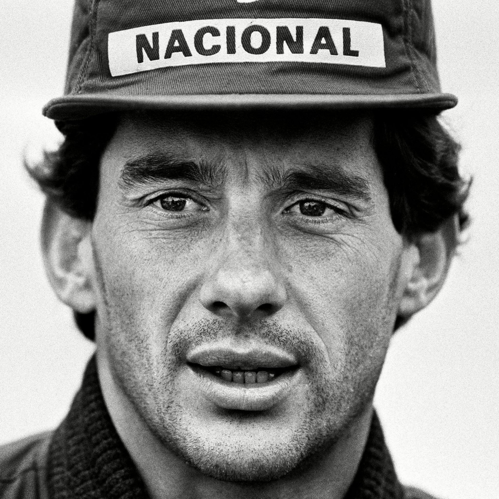 A black and white image of Ayrton Senna