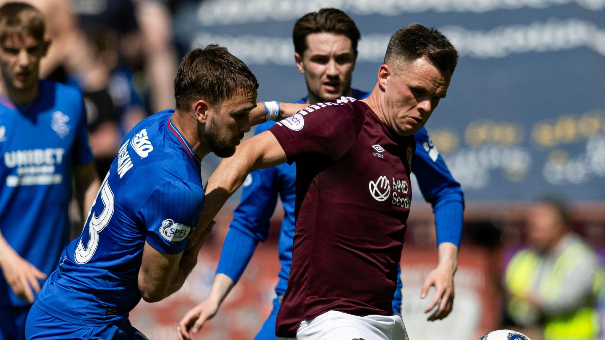 Hearts' Lawrence Shankland and Rangers' Nicolas Raskin in action during a cinch Premiership match between Heart of Midlothian and Rangers at Tynecastle Park
