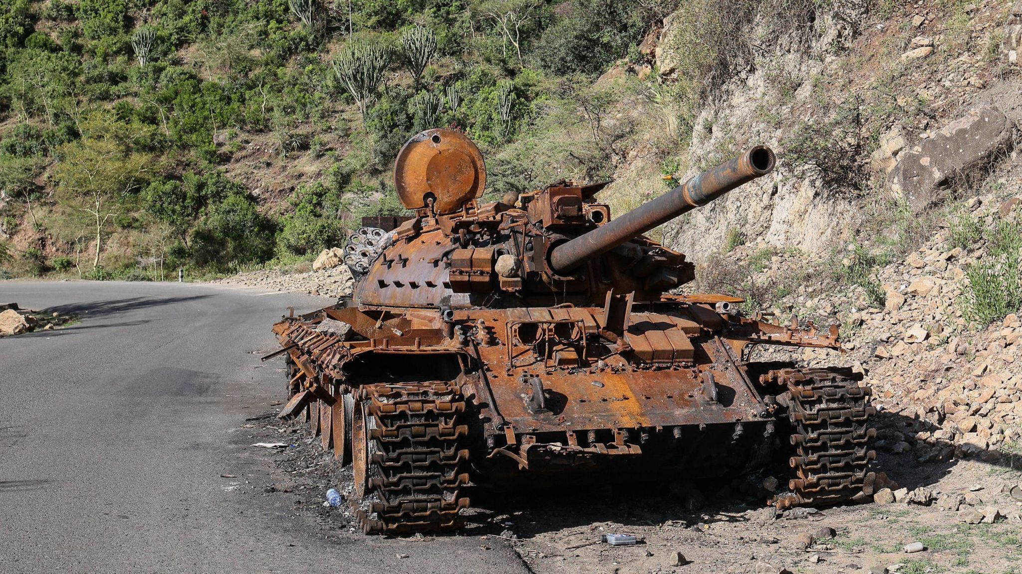 The wreckage of a tank in Ethiopia