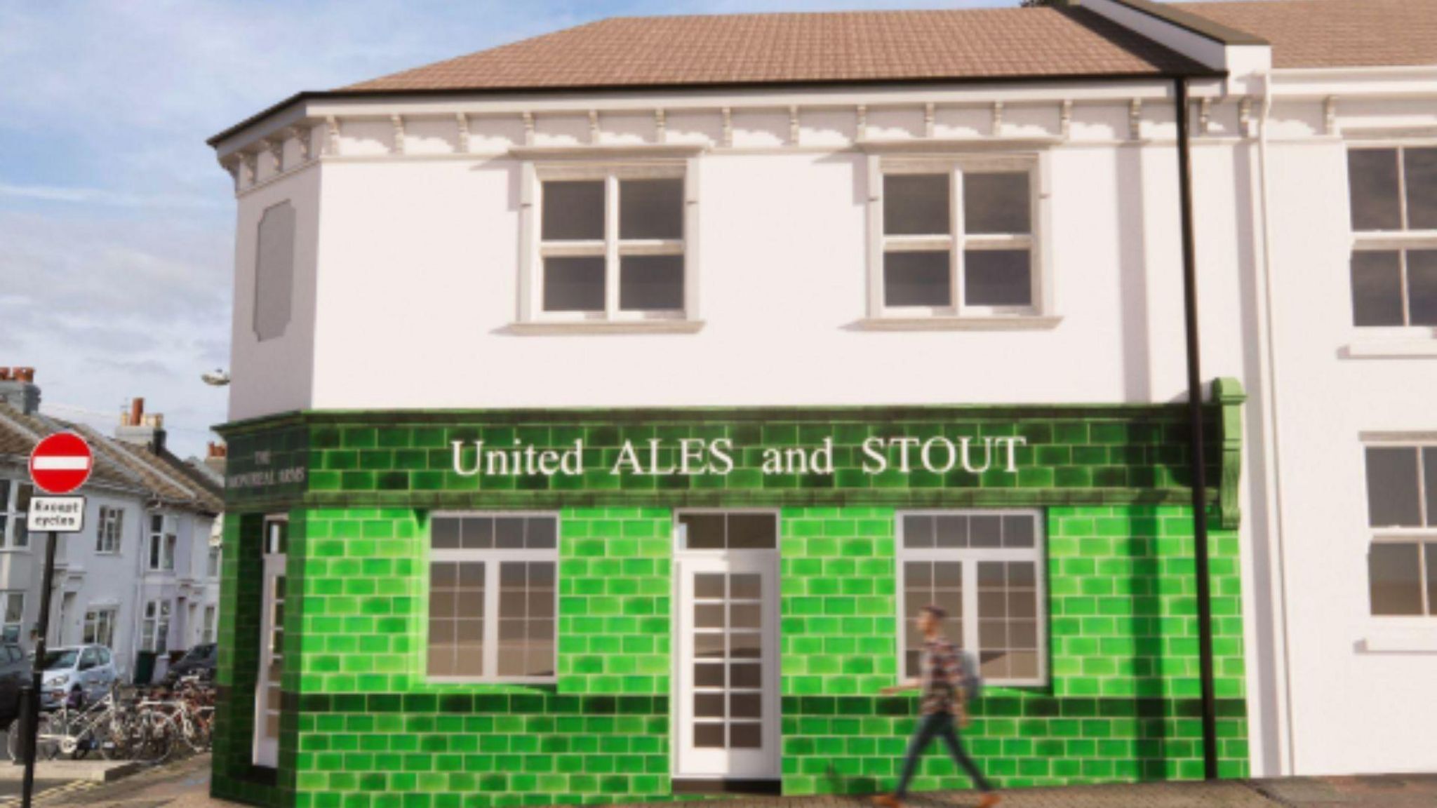 CGI shows lower half of pub restored with green tiles