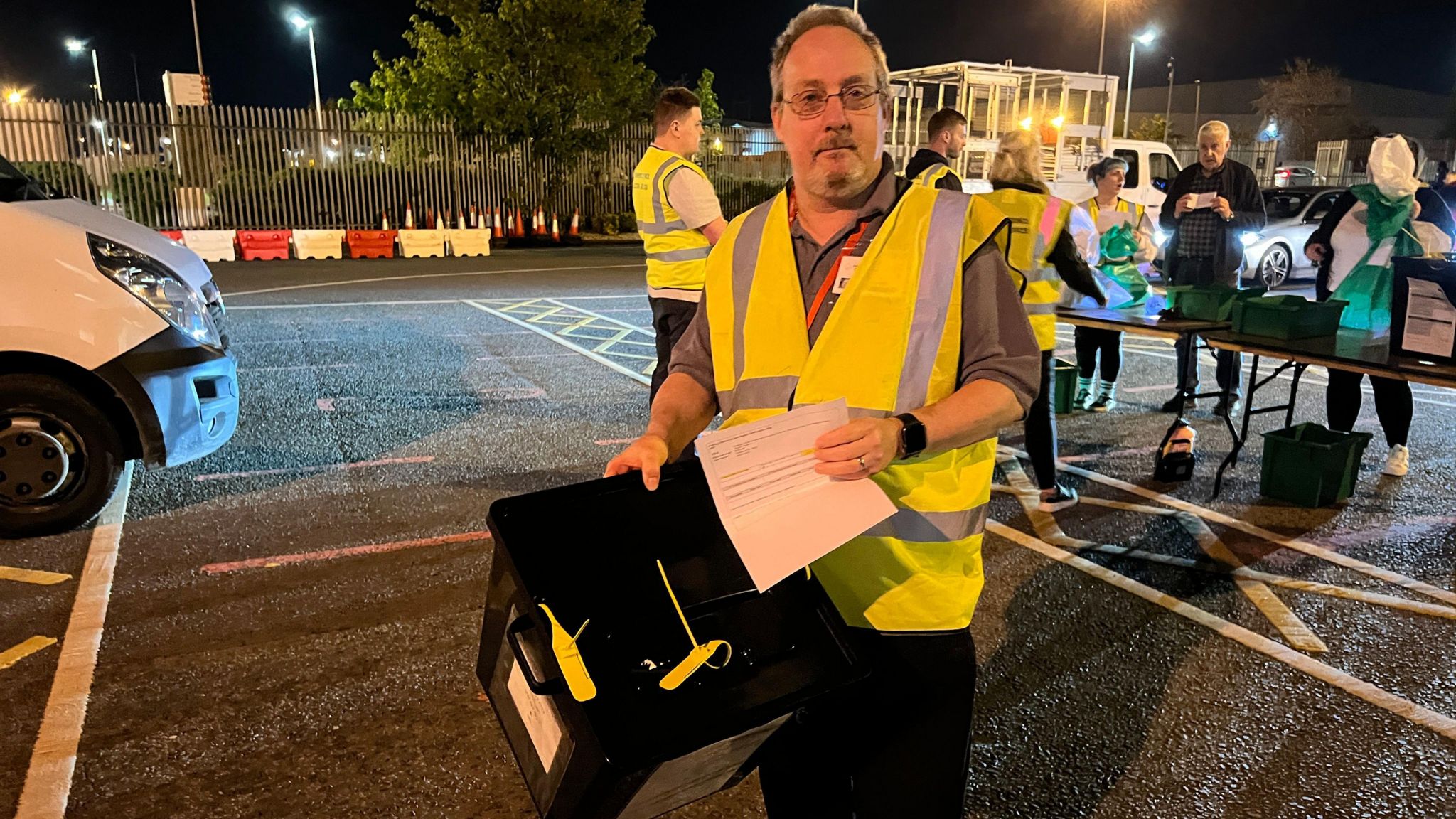 Ballot box arriving at Thurrock's election count in May 2023