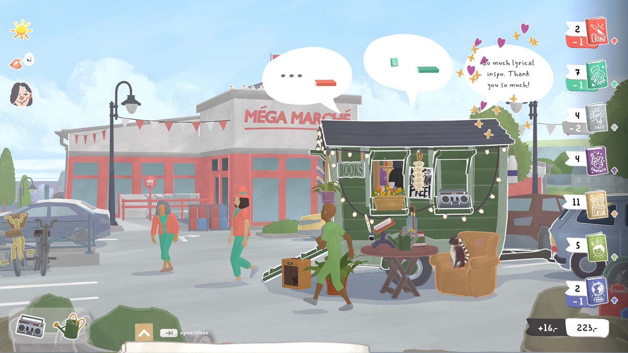 A painterly style screenshot from Tiny Bookshop, showing a small wooden caravan erected in the car park of a supermarket. Customers mill about in front of the stall and a cat sits on an armchair in front of it. On the screen there are various icons denoting different books and the number of each the player has sold.