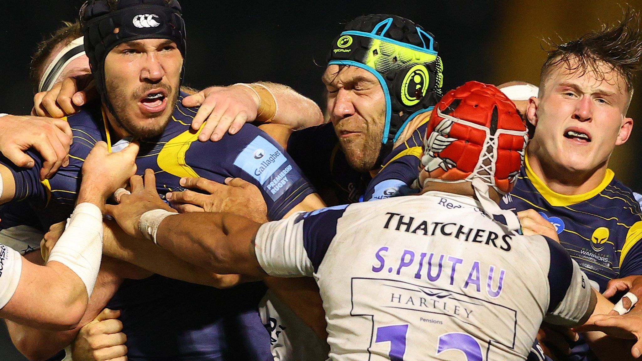 Siale Piutau was sent off in the late Sixways dust-up along with Andrew Kitchener (left), his brother Graham (centre) and Warriors club captain Ted Hill (right)