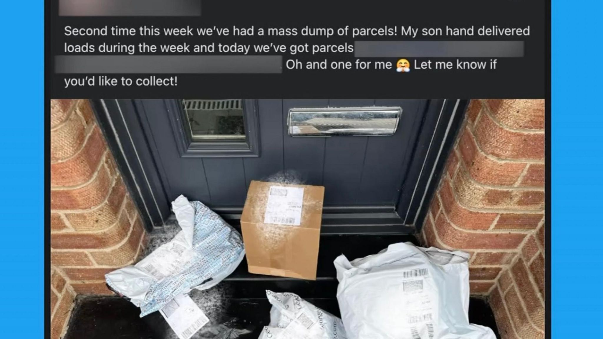 Social media post showing misdelivered parcels on a doorstep by a grey front door. 