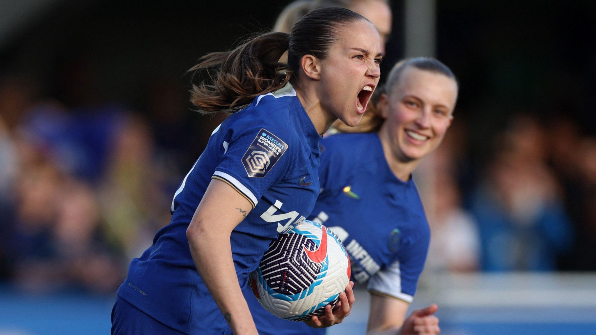 Chelsea's Guro Reiten celebrates scoring penalty against 