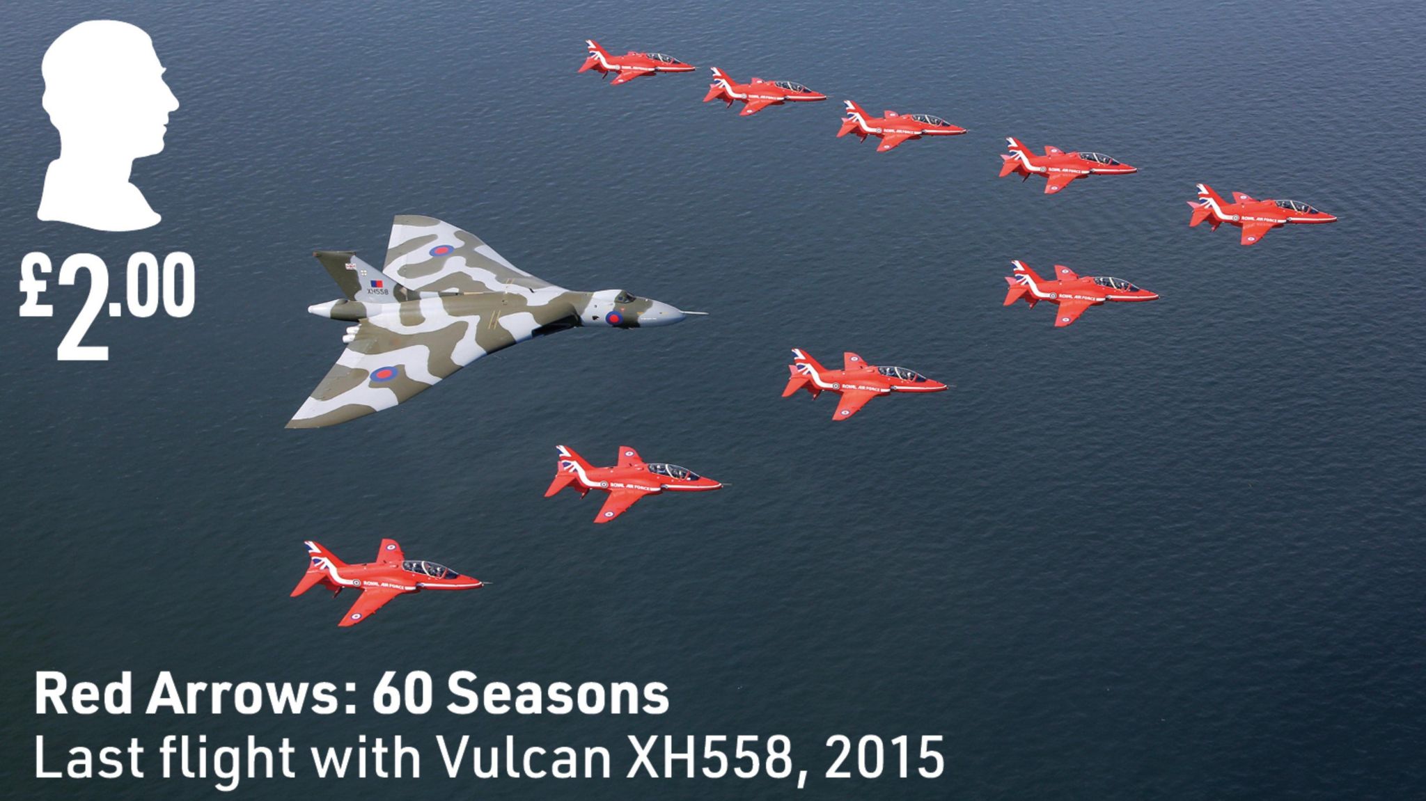 A stamp showing the Red Arrows with a Vulcan bomber on its final flight in 2015