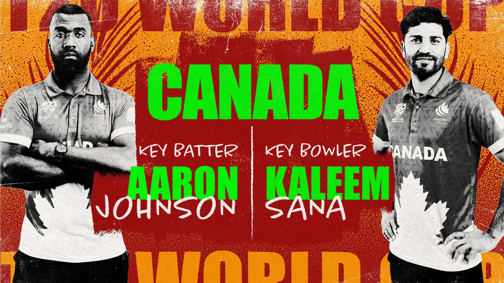 A graphic showing Aaron Johnson and Kaleem Sana as Canada's key batter and bowler at the Men's T20 World Cup