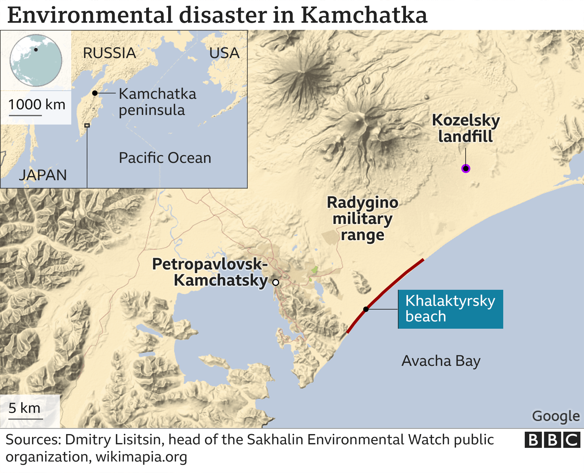 Map showing the location of Kamchatka beach in Russia, where there are reports of major pollution in the ocean.