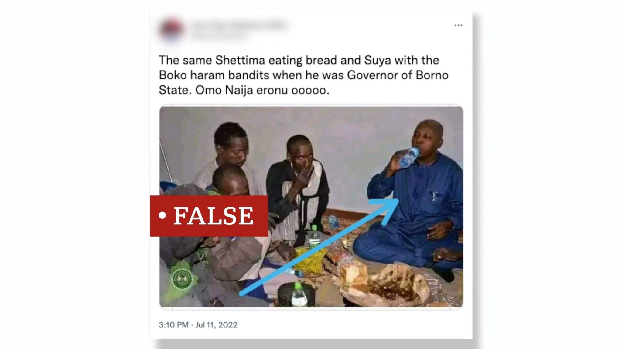 Tweet associates APC vice presidential candidate Kashim Shettima with Boko Haram; instead he was having a meal with Fulani parents