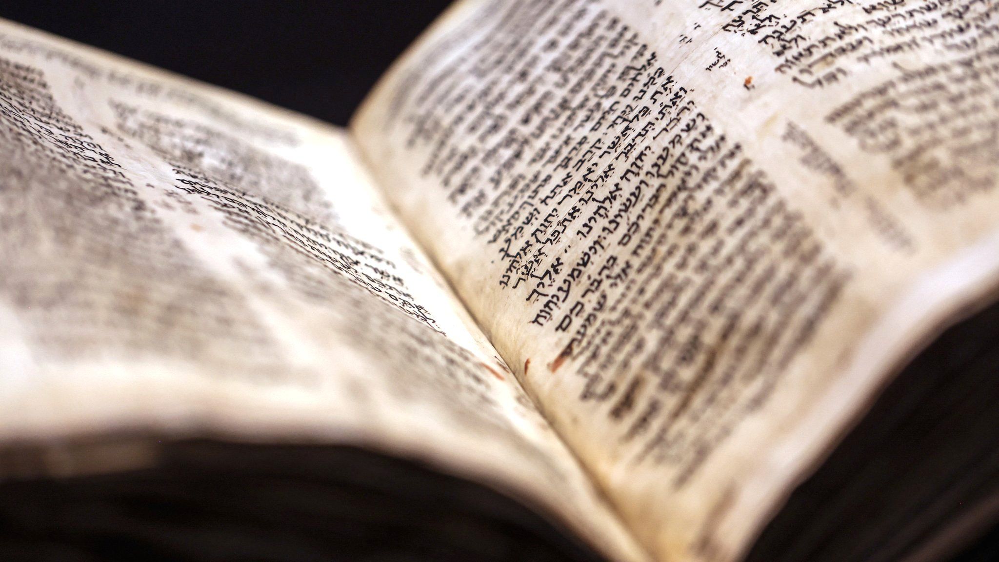 The Codex Sassoon, the oldest most complete Hebrew Bible, on display at the ANU Museum of the Jewish People in Tel Aviv, Israel (22 March 2023)