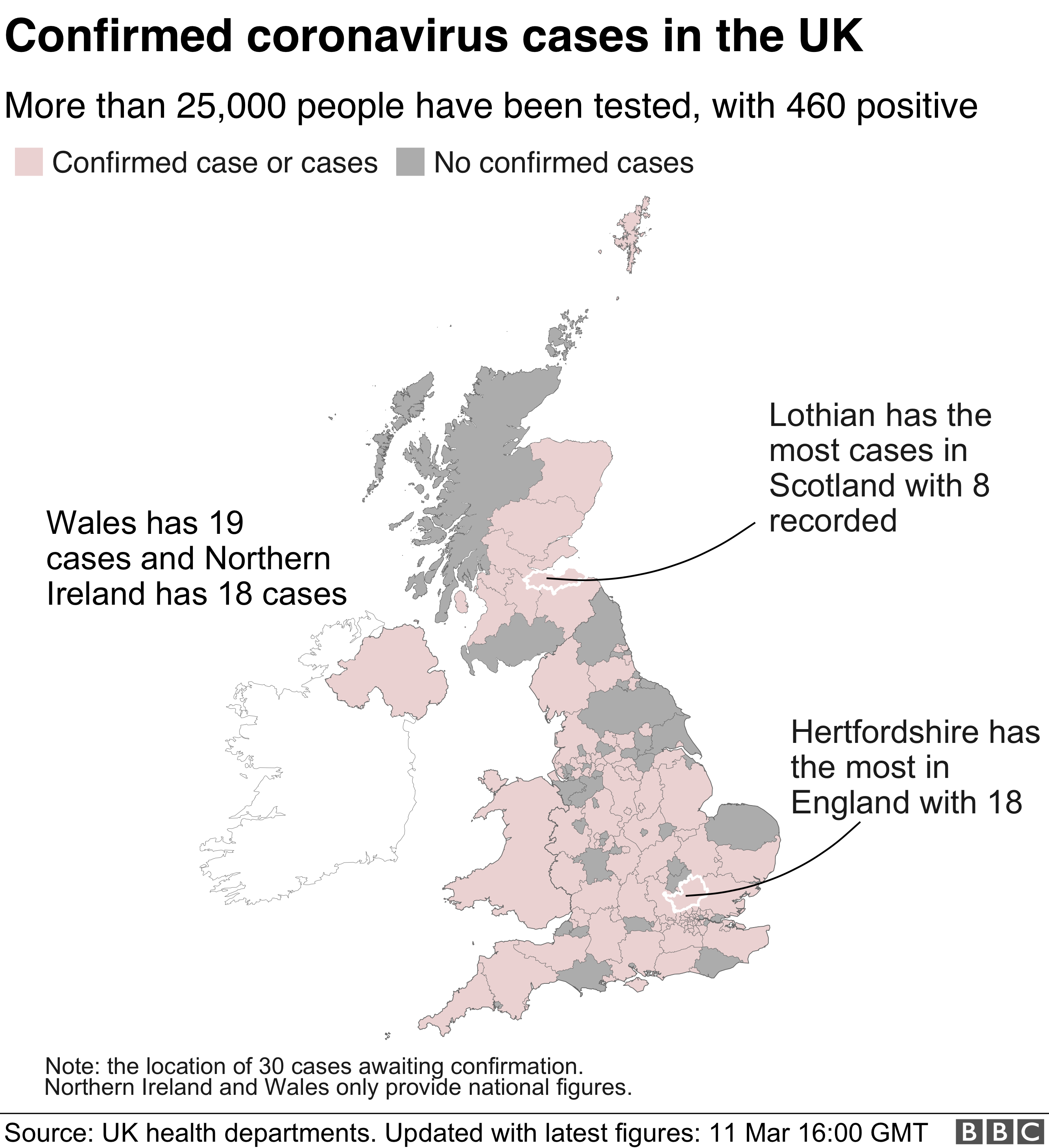 Map showing areas of the UK with coronavirus cases