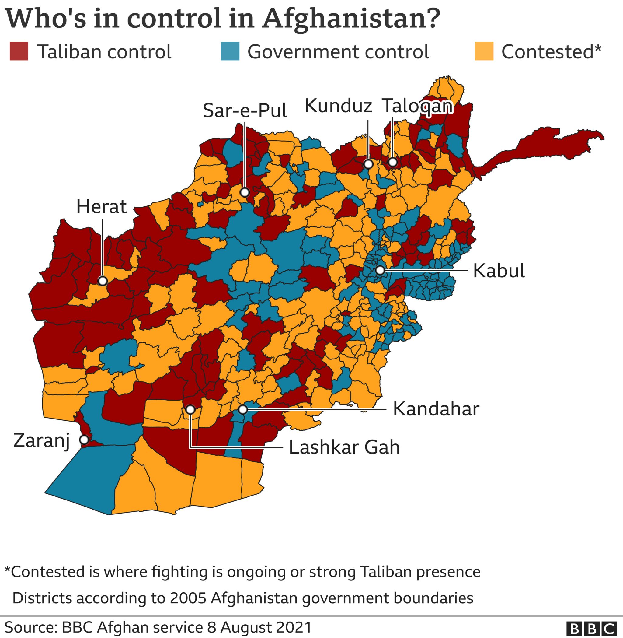 Image shows areas of control in Afghanistan