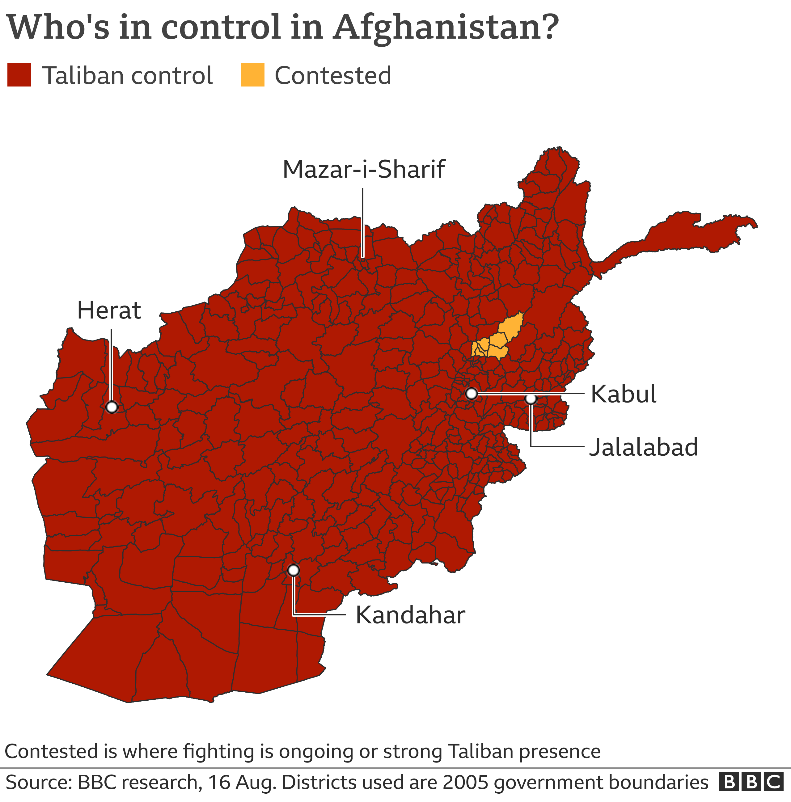 Map showing that the Taliban control nearly all of Afghanistan