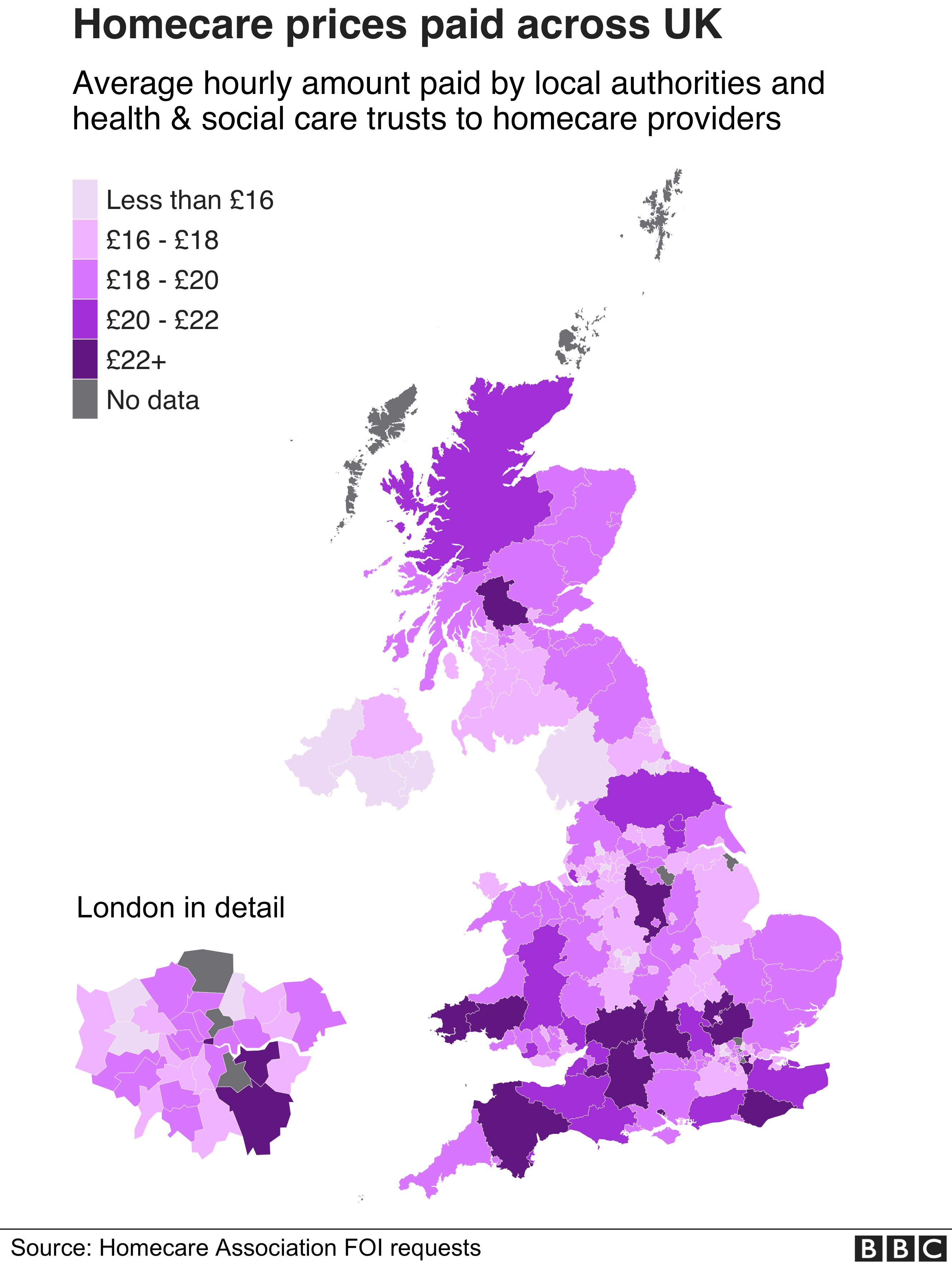 Графическая карта, показывающая цены на услуги по уходу на дому в Великобритании