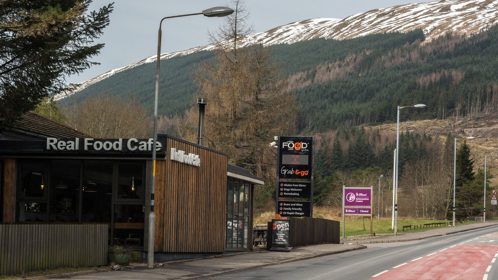 The Real Food cafe, Tyndrum with snowy mountain in the distance