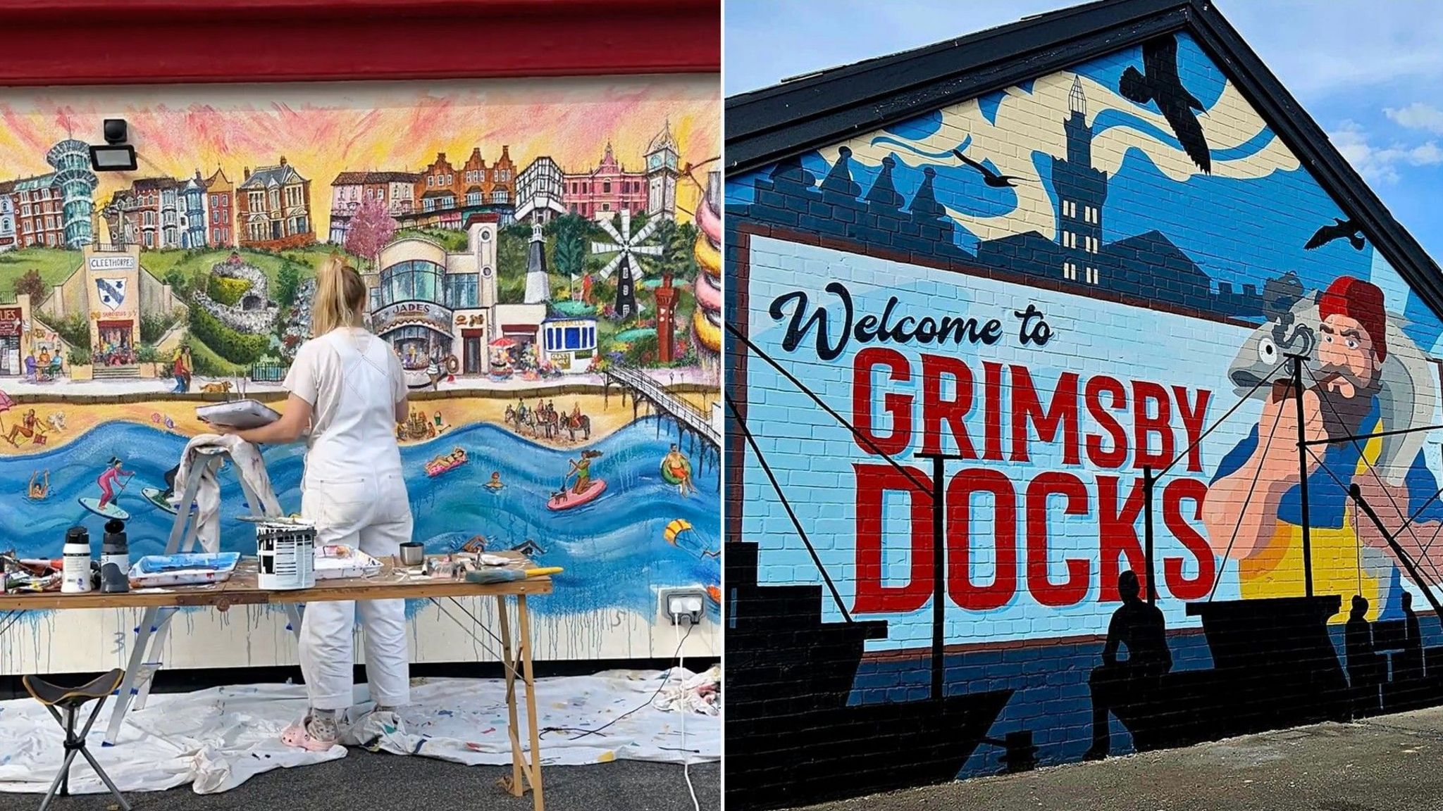 On the left there is Francesca Young, a blonde female artist surrounded by art supplies, painting a mural of Cleethorpes beachfront, on the right there is a mural on a wall at Grimsby Docks, depicting a fisherman holding a fish, with text that reads: Welcome to Grimsby Docks