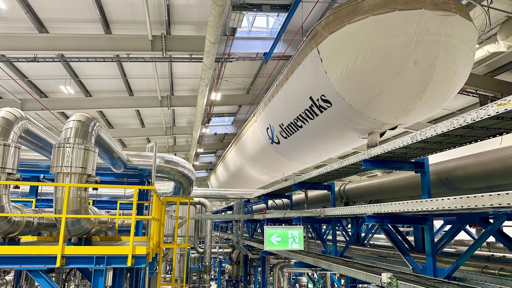 Pipe work and the large balloon holding CO2 inside the carbon capture facility