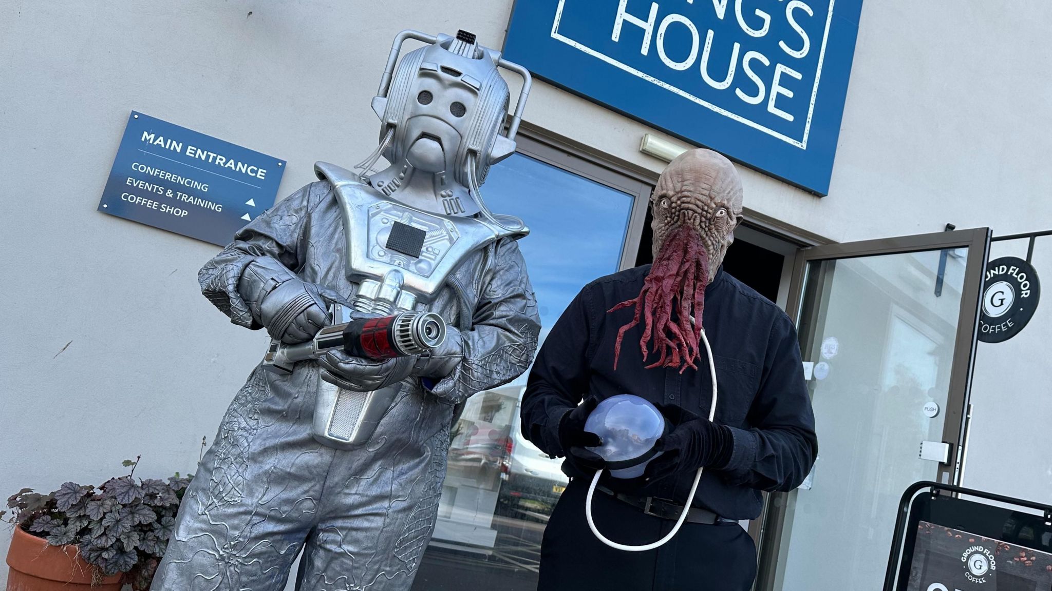 Doctor Who fans dressed as a Cyberman and an Ood at Bedford Who