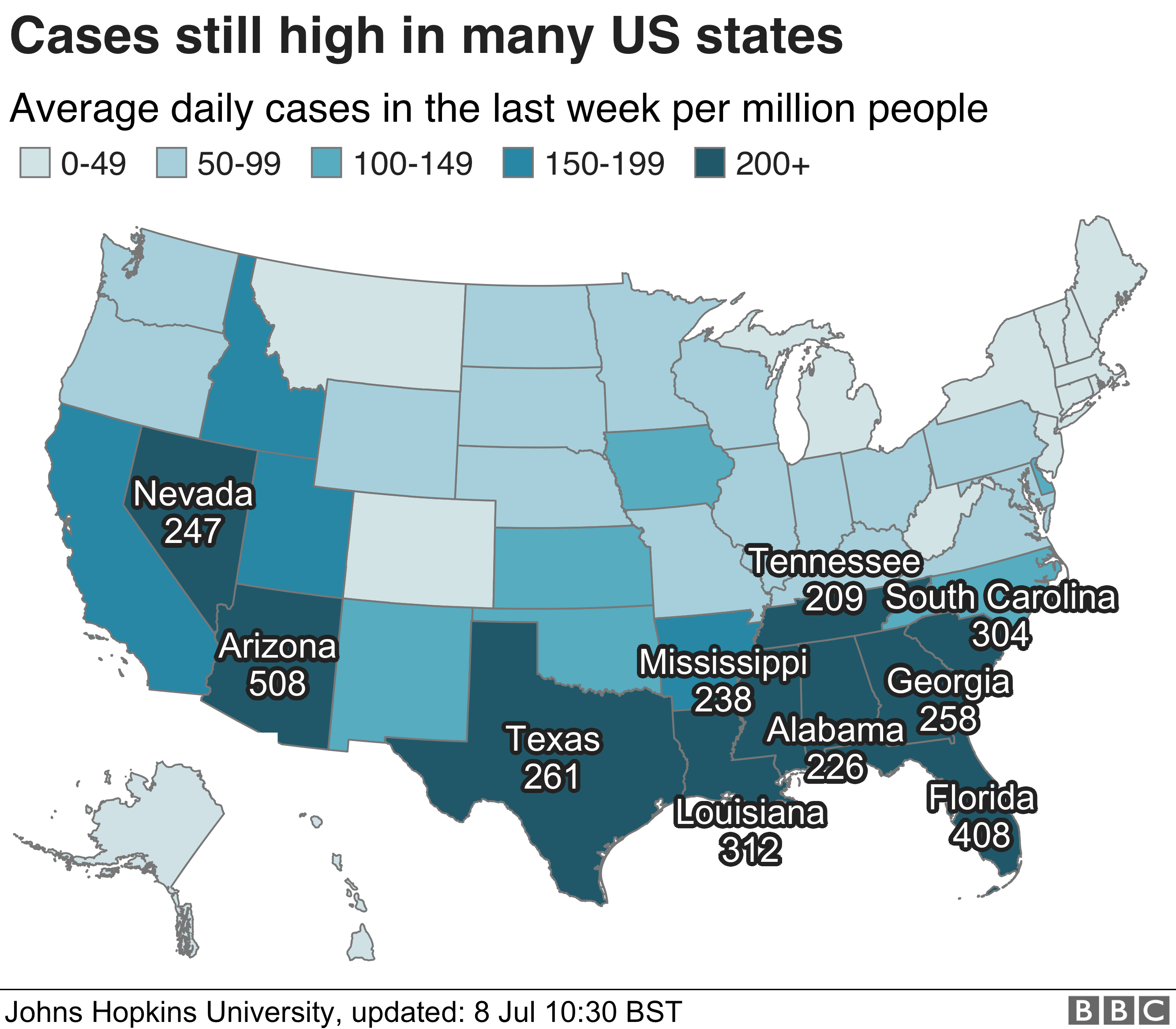 Map of US showing daily cases per million population by US state. 8 July.