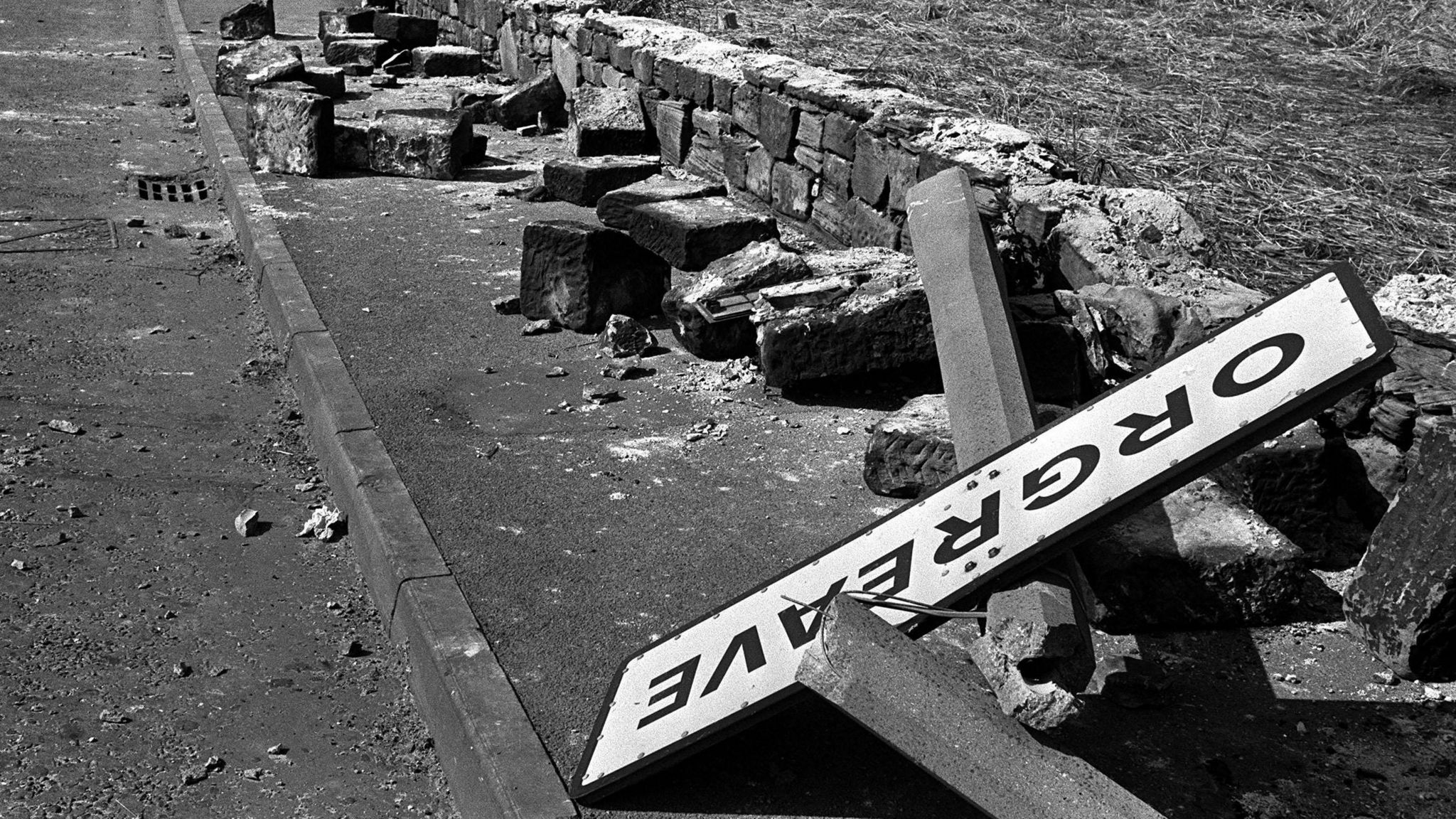 Broken Orgreave sign following violence on 18 June 1984