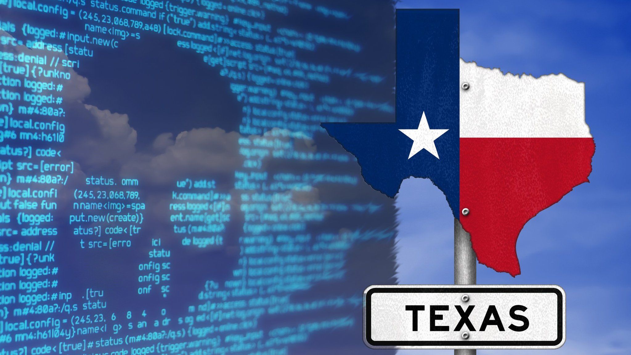 Screen of ransomware graphics and Texas flag