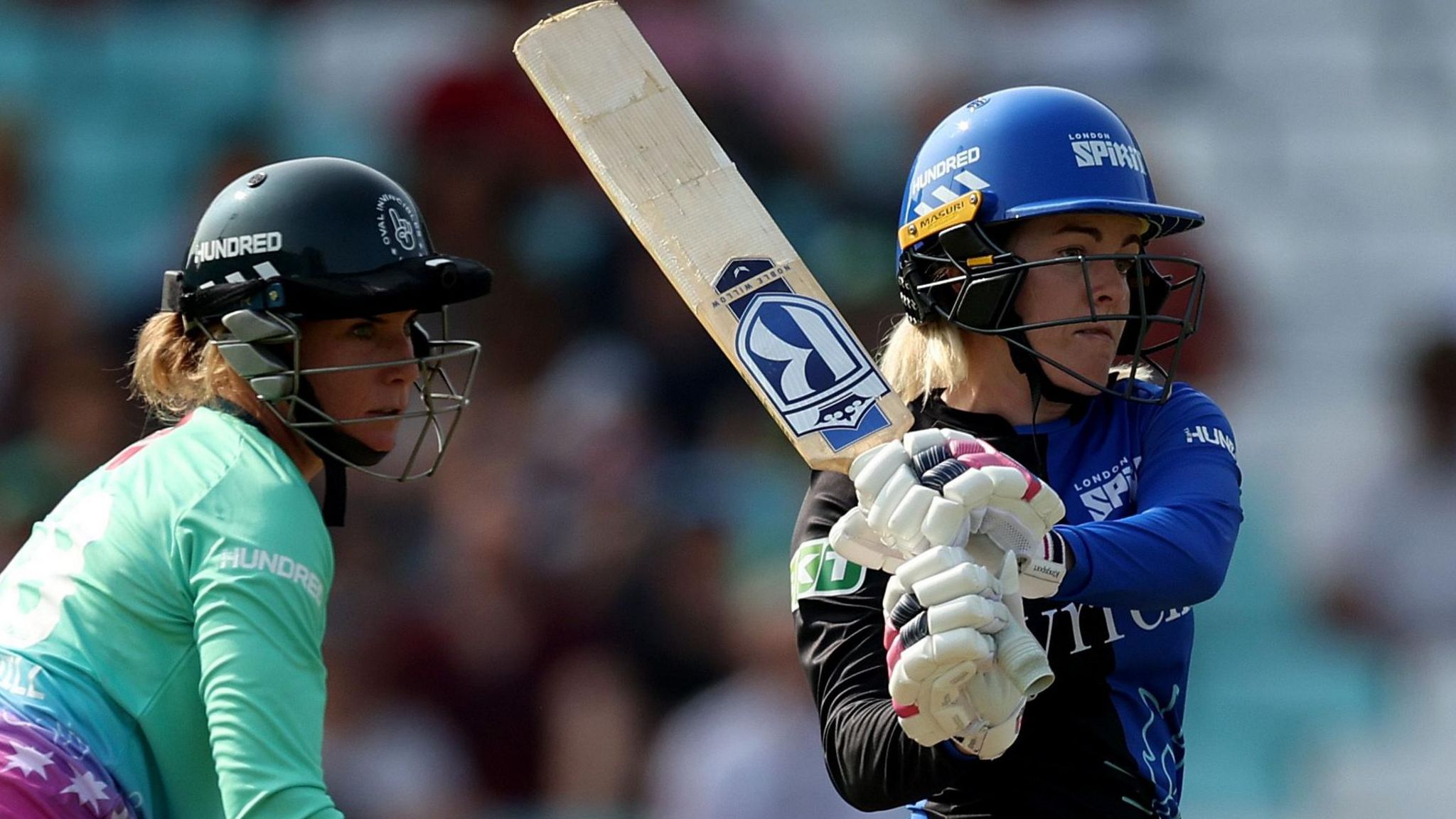 London Spirit's Georgia Redmayne bats against Oval Invincibles during the Eliminator in The Hundred 2024