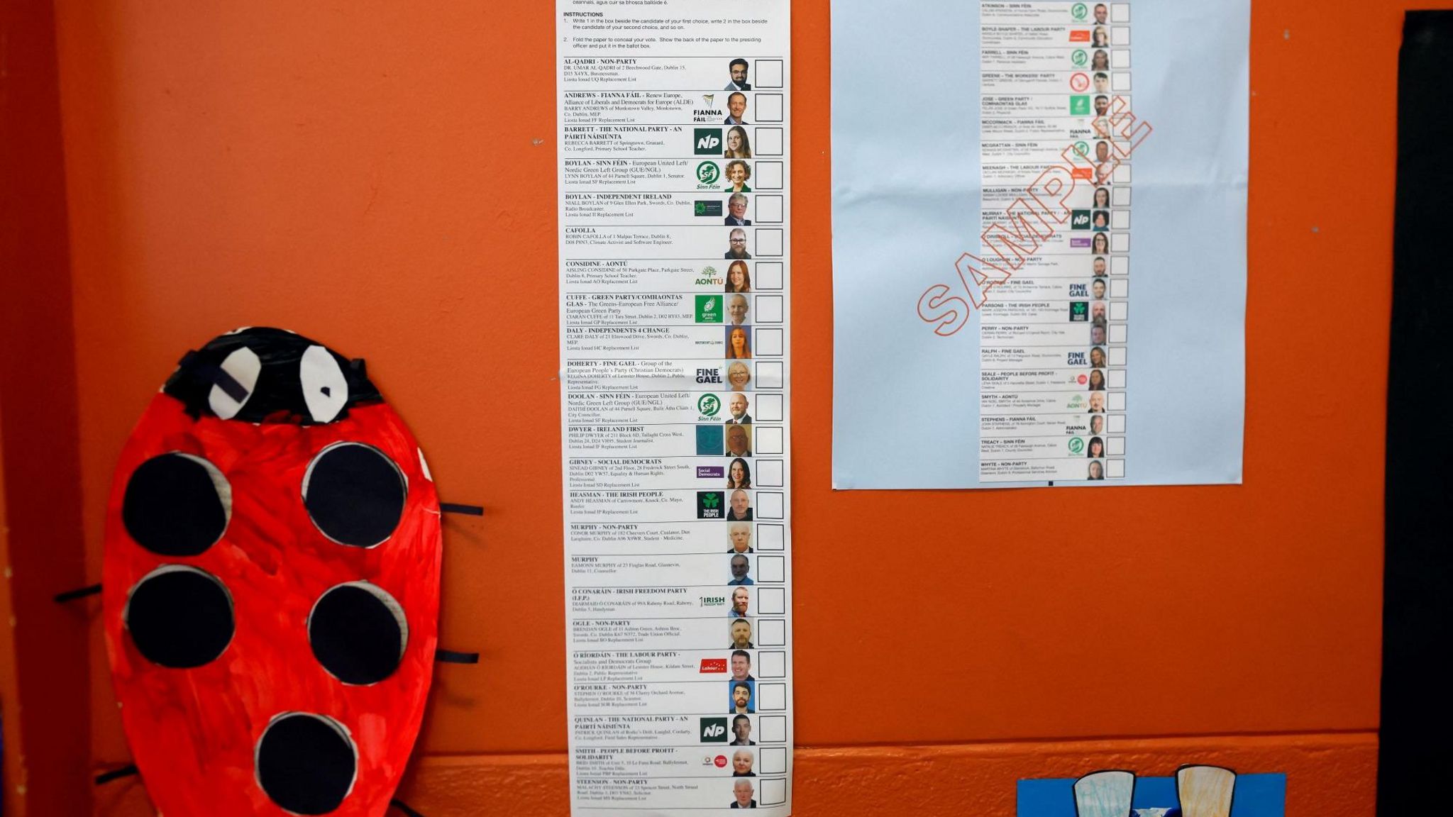 A ballot paper displaying 23 candidates for Dublin's European elections