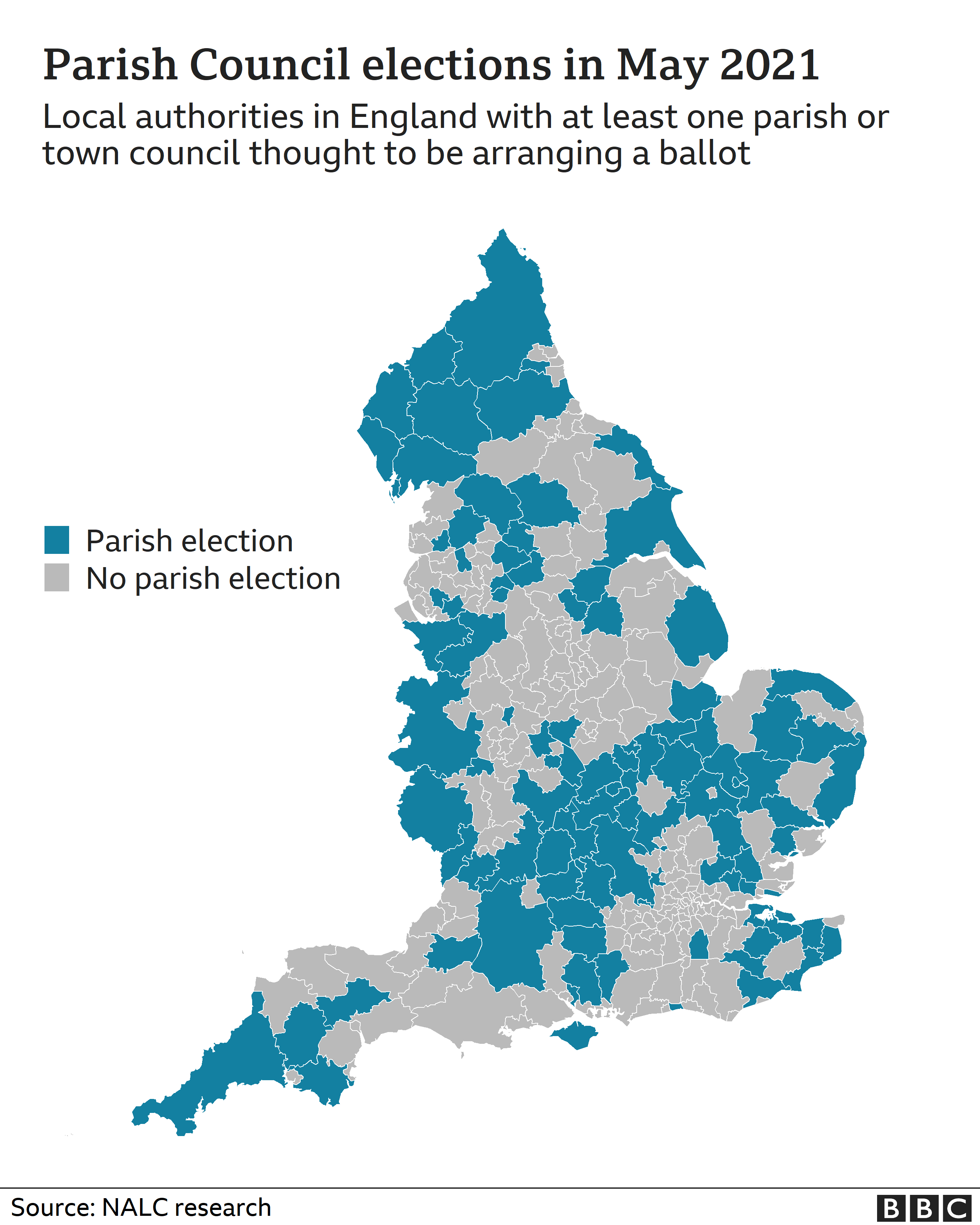 map showing the local authorities with at least one parish holding an election