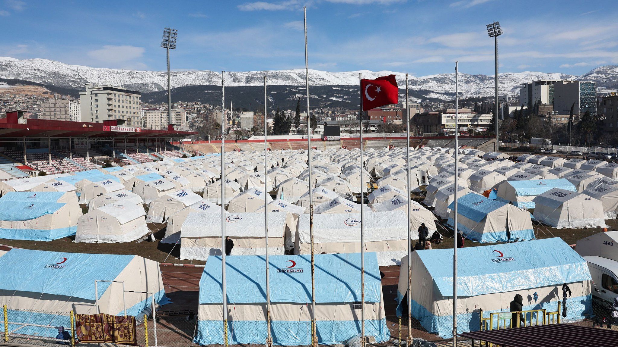 Tents at a camp in Kahramanmaras Stadium