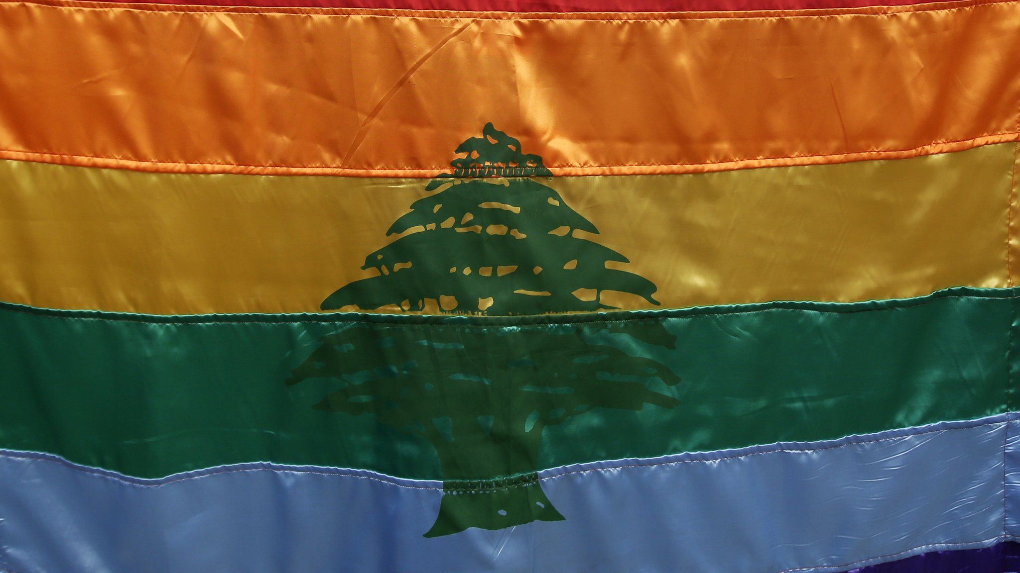File photo showing a gay pride flag with the symbol of the cedar tree in the middle is carried by activists during an anti-homophobia rally in Beirut (30 April 2013)