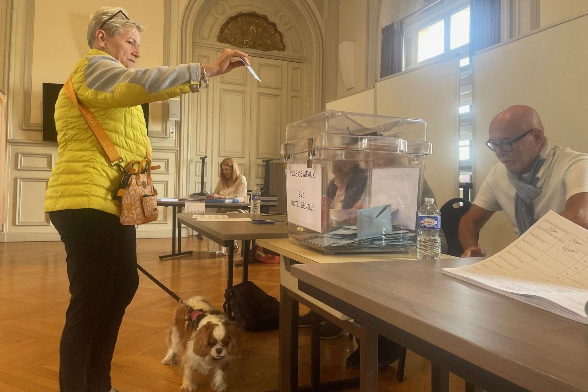 Claudine votes in Meaux with dog Zapie
