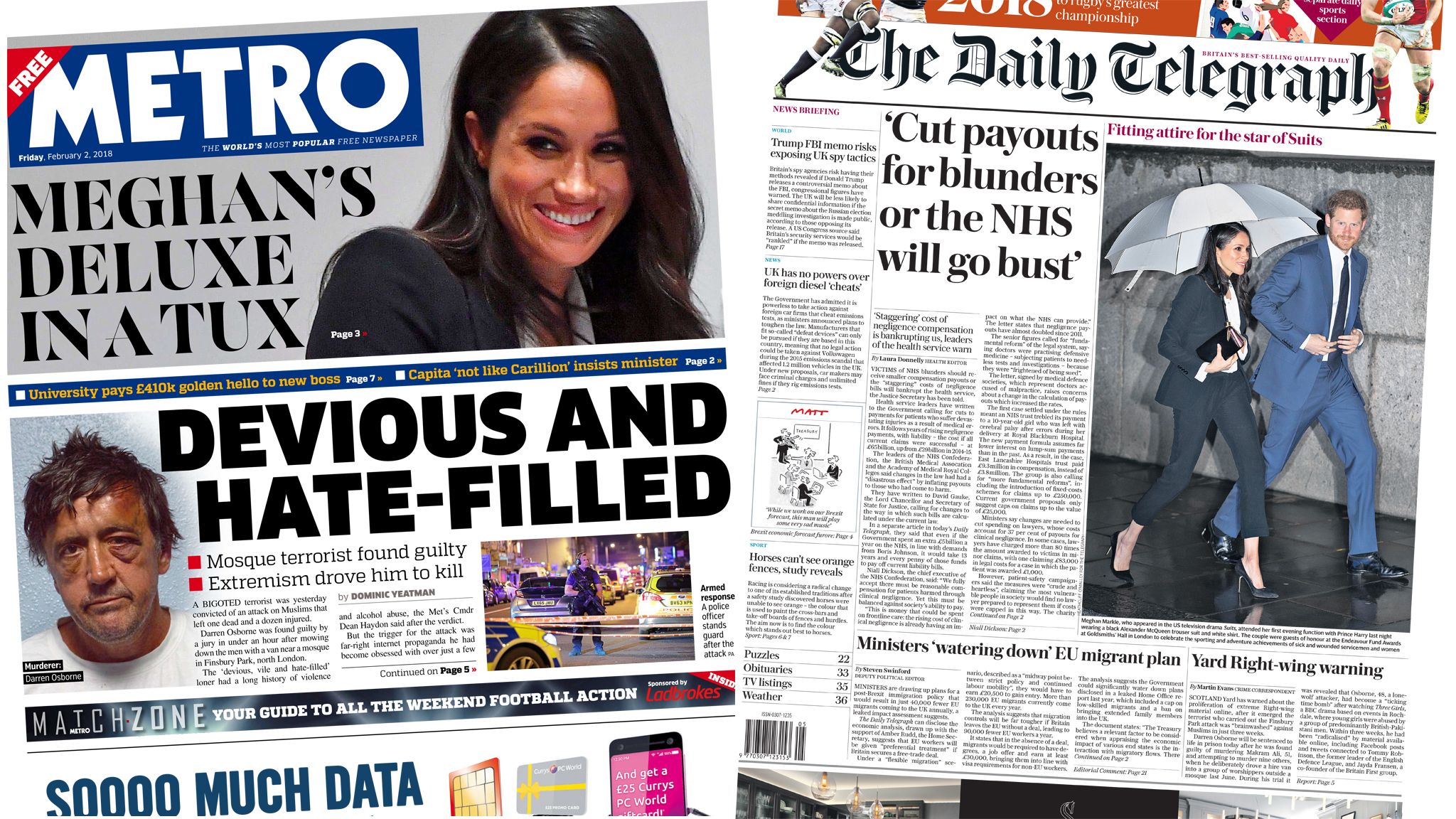 Metro and Daily Telegraph front pages for 02/02/18
