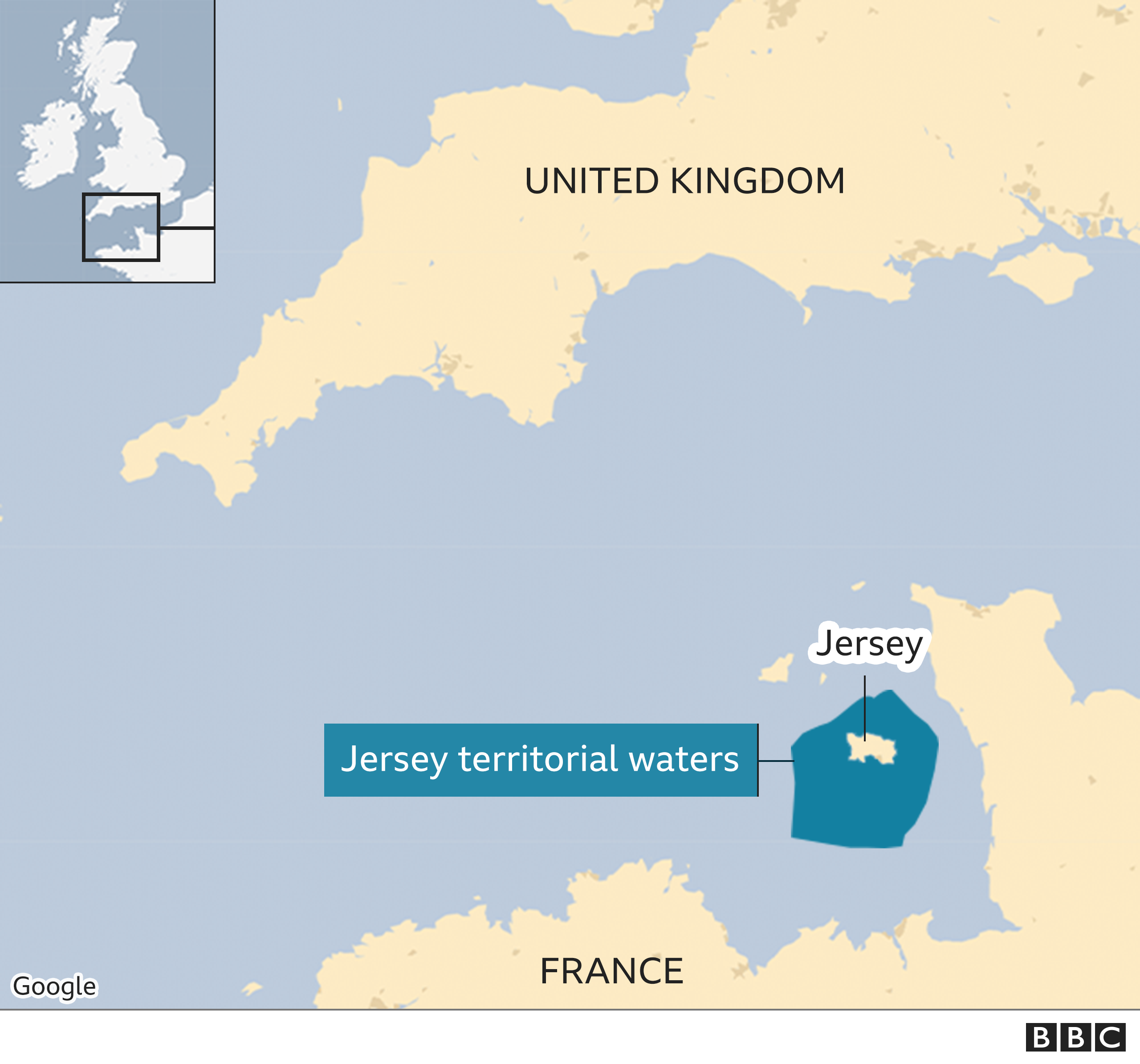 Map showing where Jersey is located and its territorial waters.