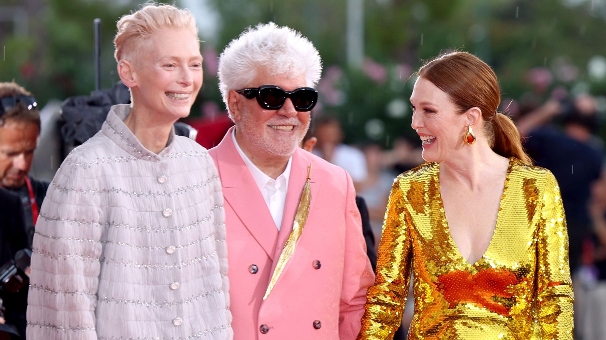 Tilda Swinton, Pedro Almodovar and Julianne Moore attend the "The Room Next Door" red carpet during the 81st Venice International Film Festival on September 02, 2024 in Venice, Italy. 