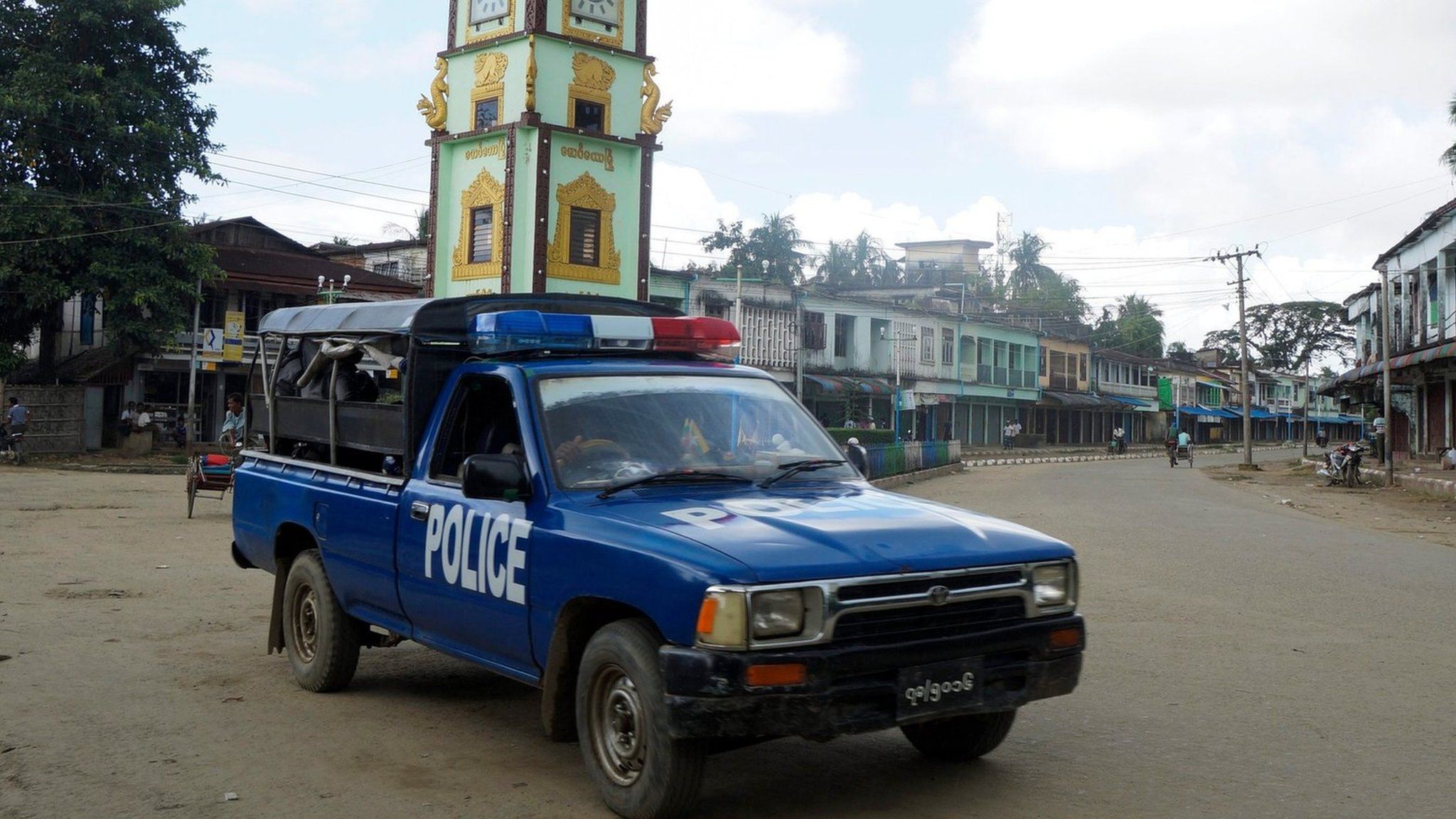 A police patrol car in the centre of Maungdaw town after deadly attacks on the Myanmar-Bangladesh border
