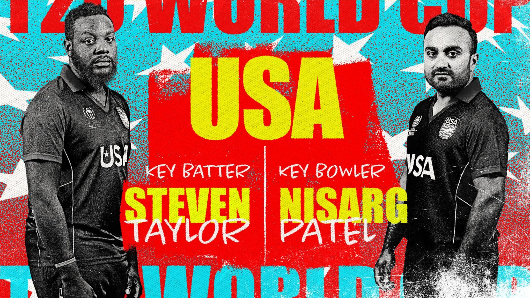 A graphic showing Steven Taylor and Nisarg Patel at USA's key batter and bowler at the Men's T20 World Cup