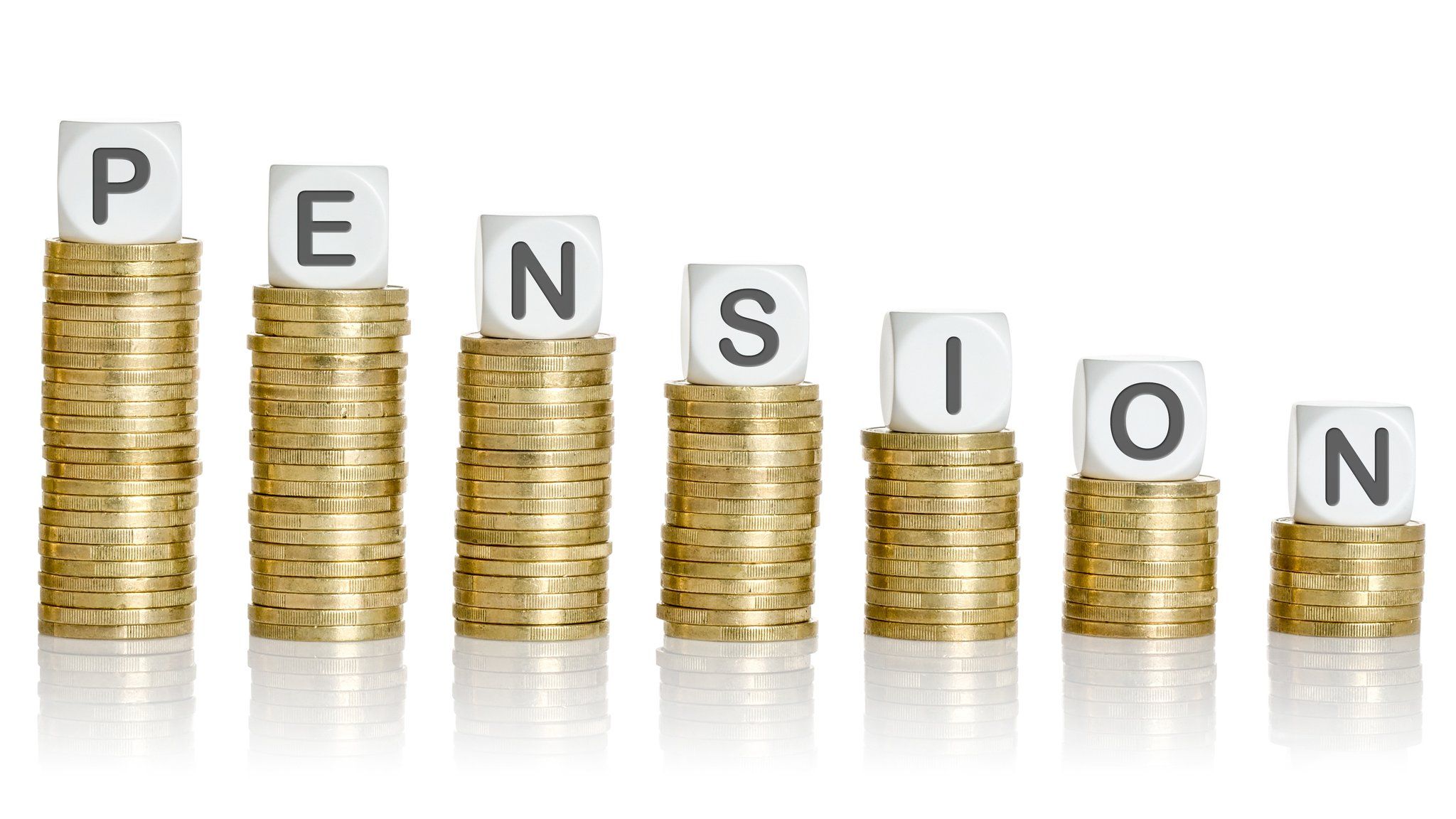 seven piles of coins in diminishing sizes with lettered cubes on the top spelling the word "pension".