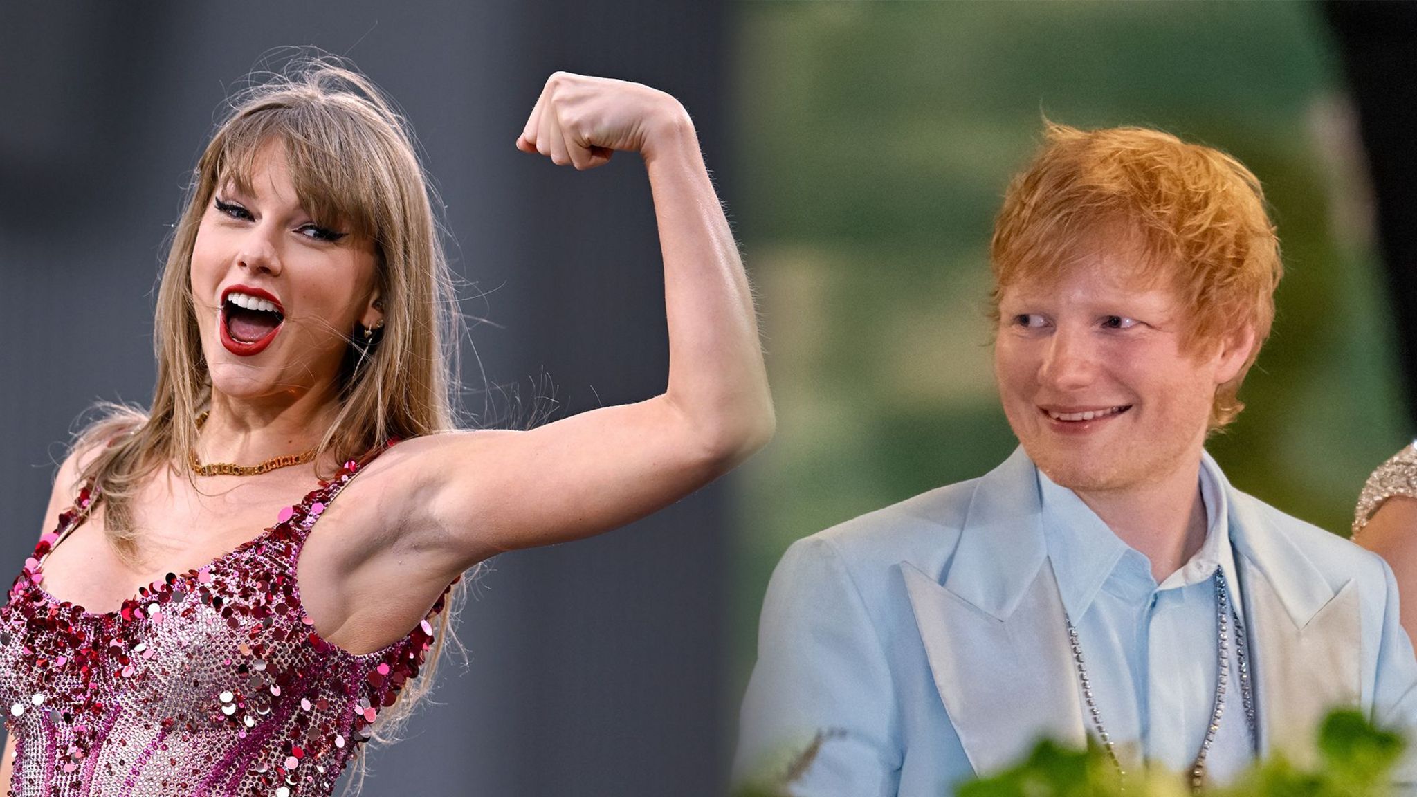 A combined image with Taylor Swift flexing her muscles and Ed Sheeran smiling