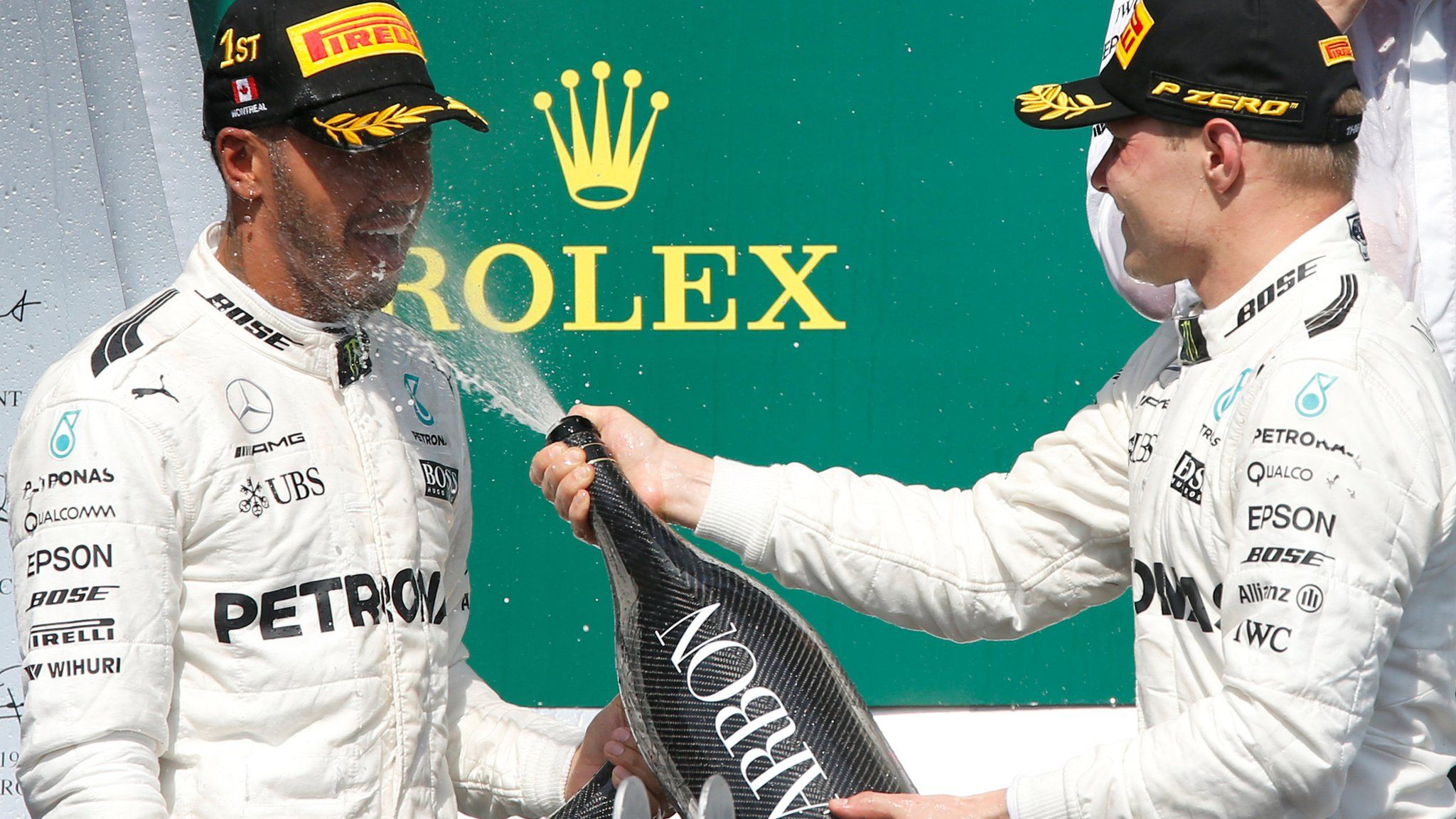Lewis Hamilton and Valtteri Bottas celebrate