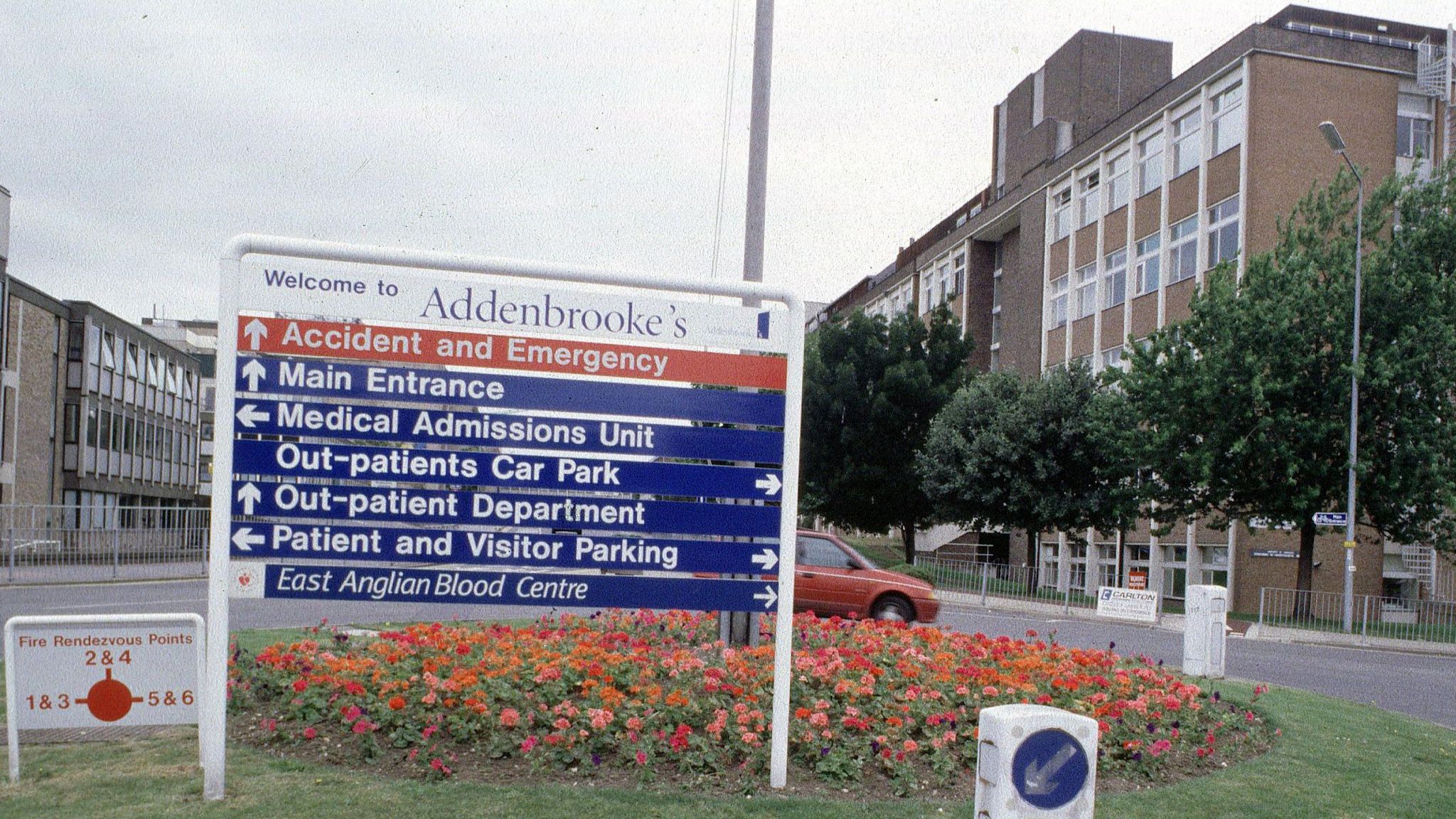A large sign outside Addenbrooke's Hospital, Cambridge, telling people where the departments are