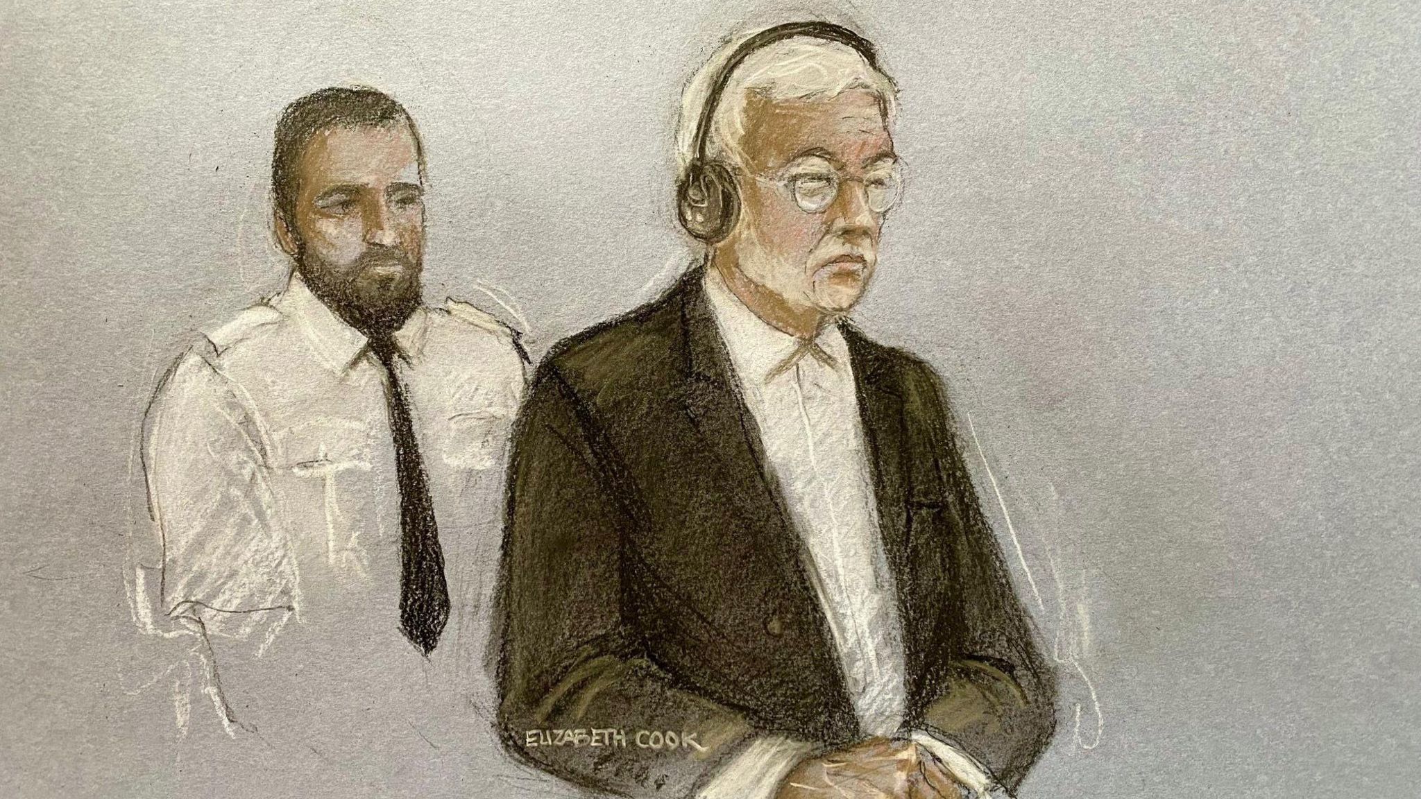 Court drawing of Hongchi Xiao he sat with headphones on and with a security guard behind him