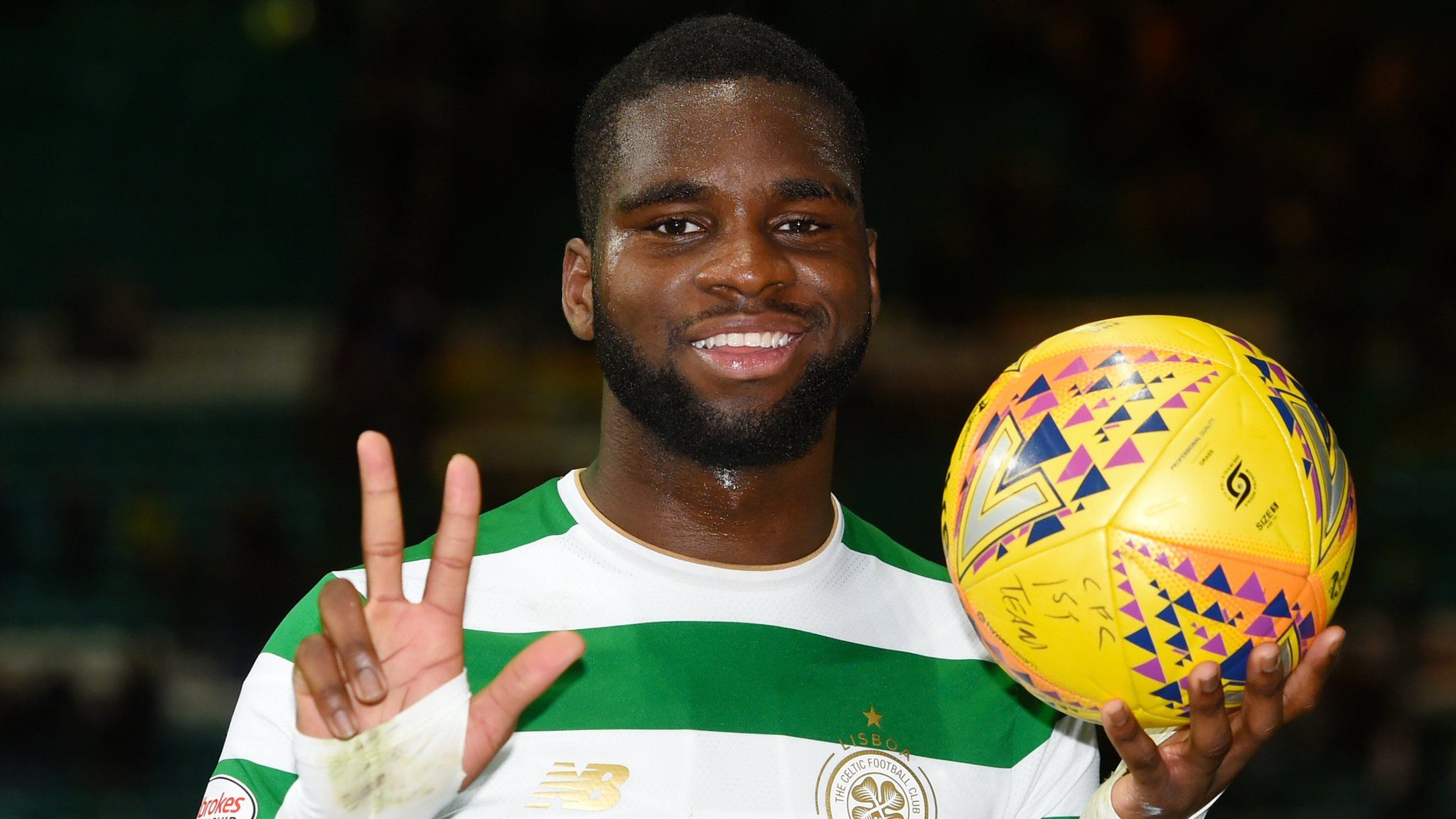 Odsonne Edouard celebrates with the match ball after his hat-trick against Motherwell