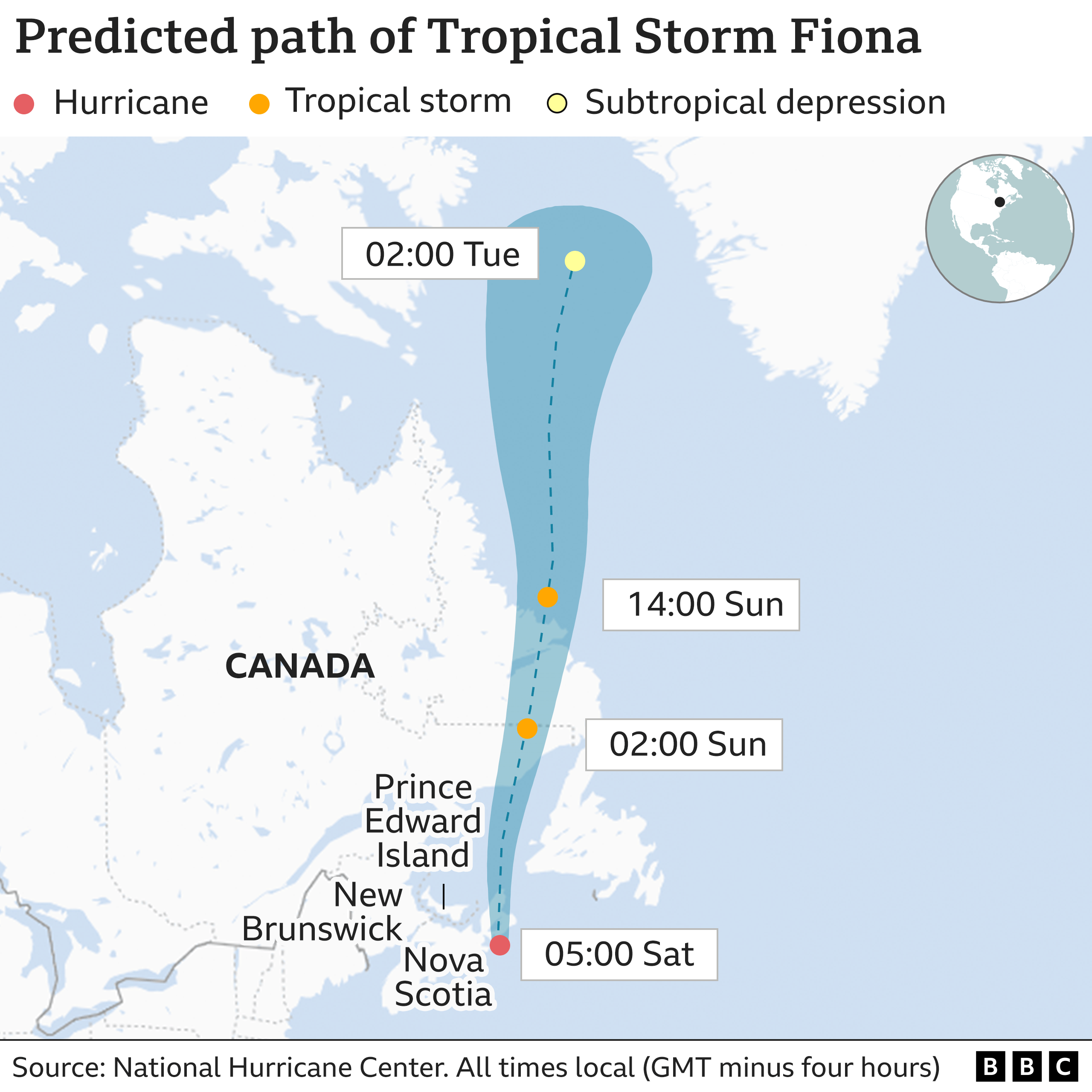 Карта, показывающая путь урагана Фиона