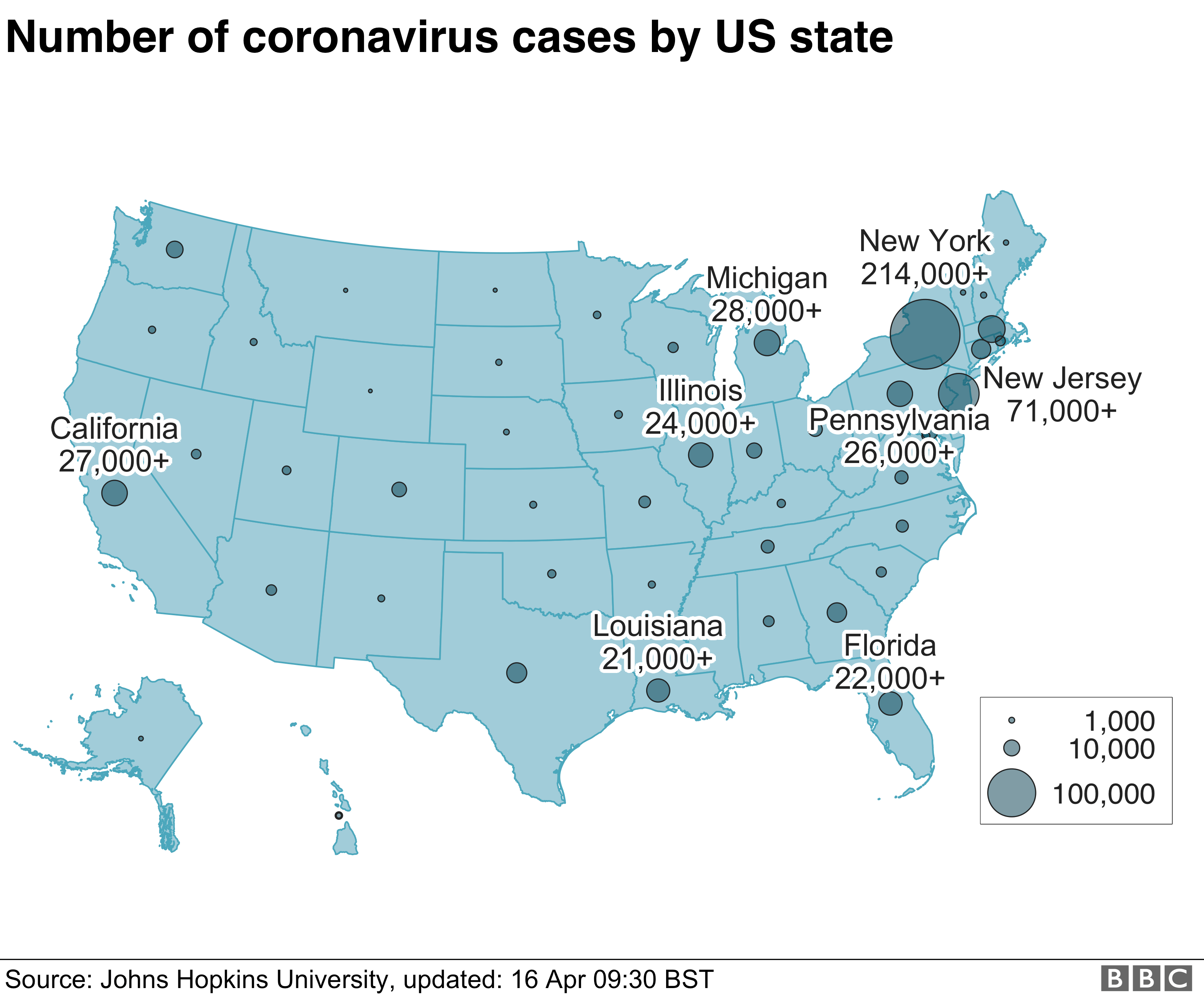 Chart showing number of coronavirus cases by US state, 16 April