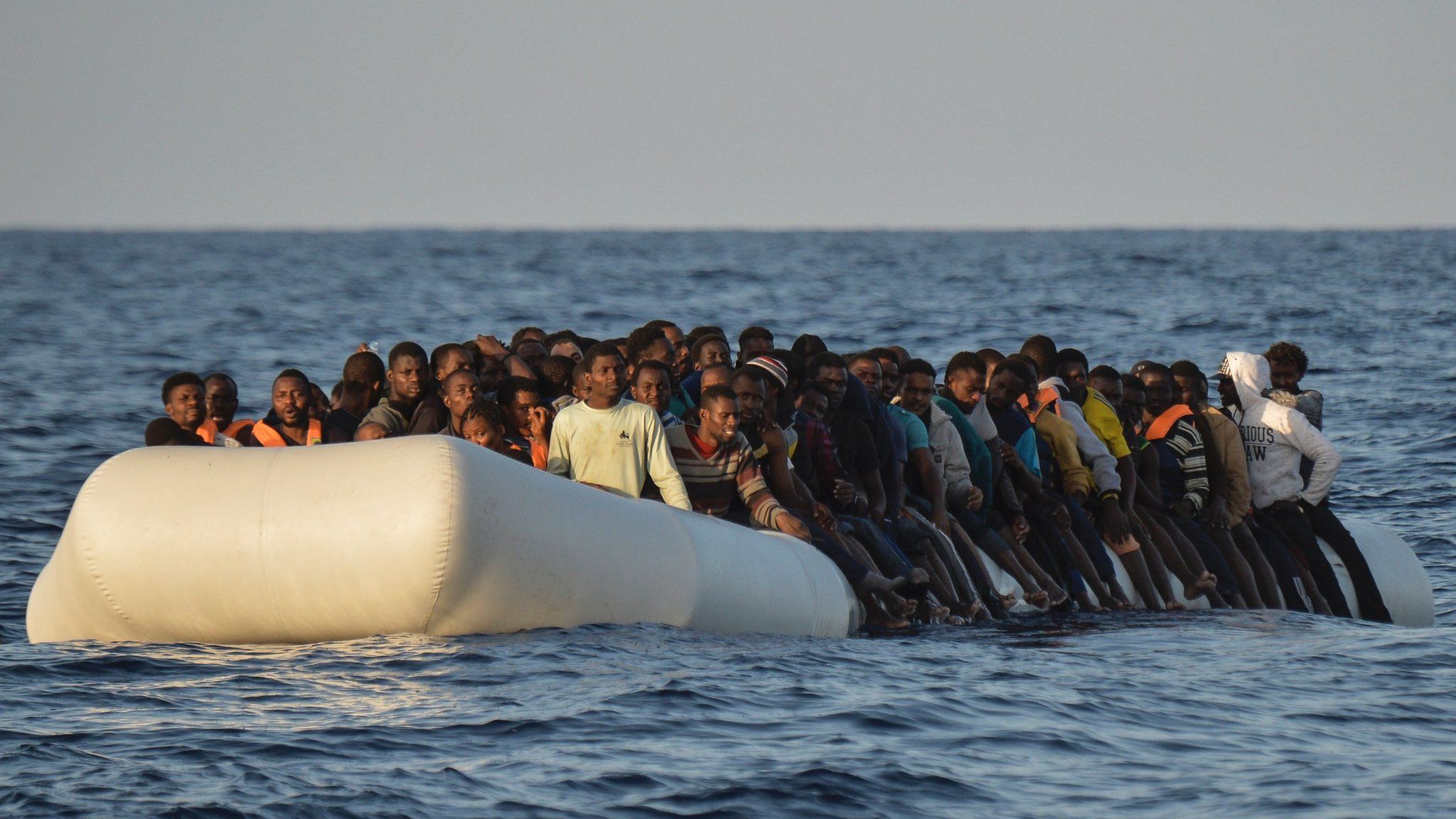 Migrants on rubber boat before being rescued off the Libyan coast in the Mediterranean Sea, on November 3, 2016.