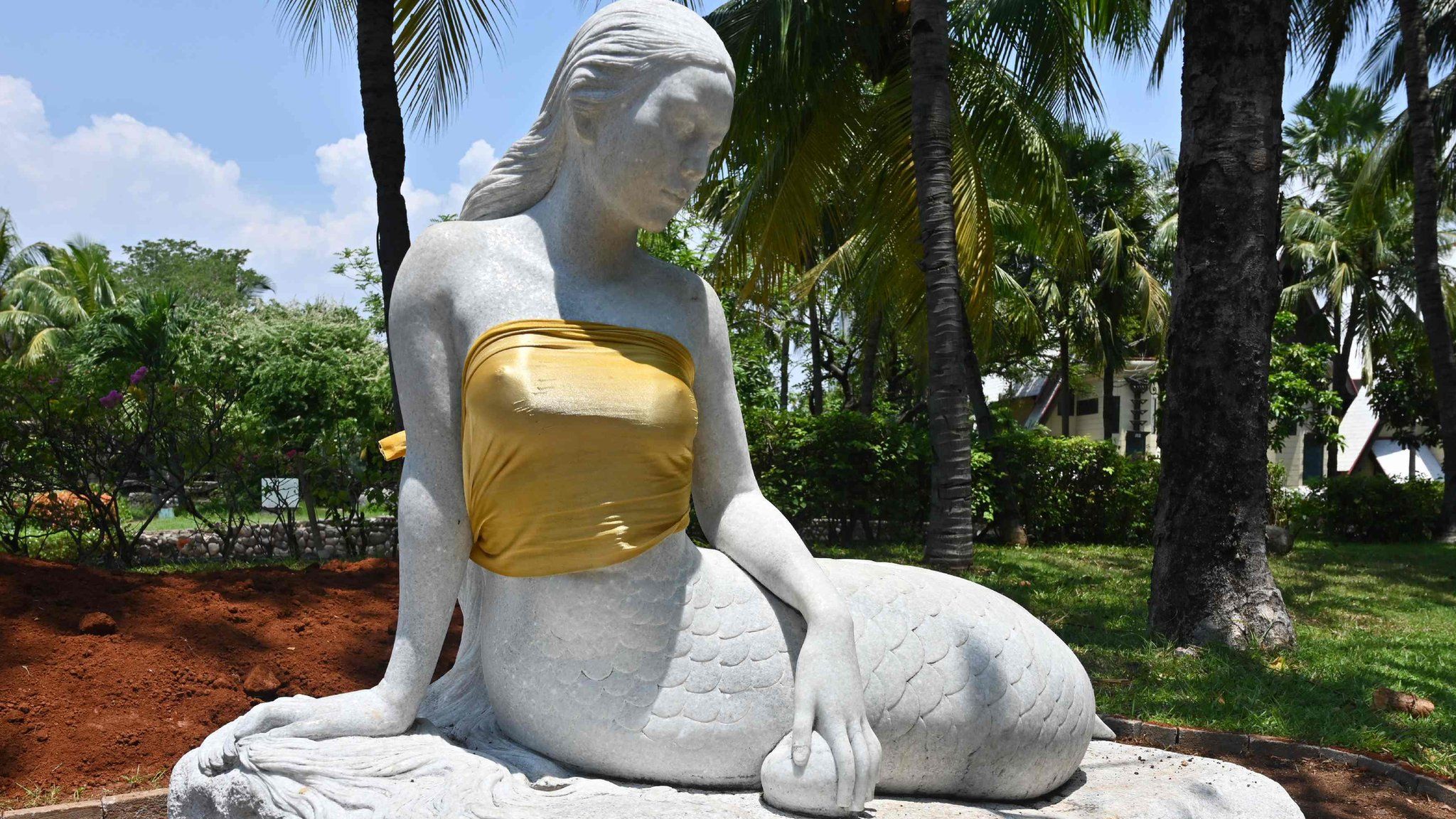 Mermaid statue covered up at Ancol Dreamland theme park in Indonesia's capital, Jakarta