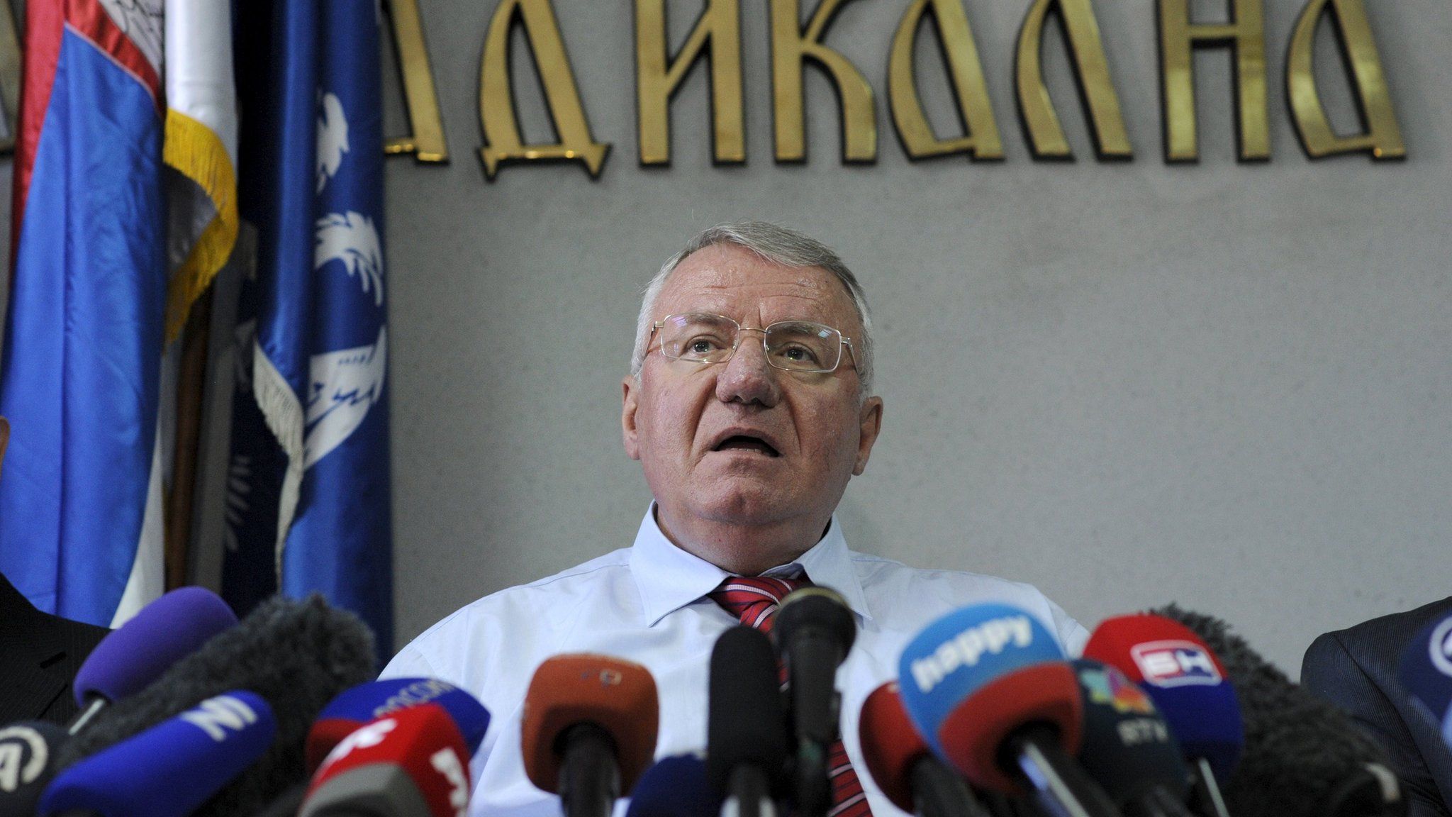 Vojislav Seselj speaks during a news conference in his Radical Party headquarters in Belgrade, 31 March 2016.